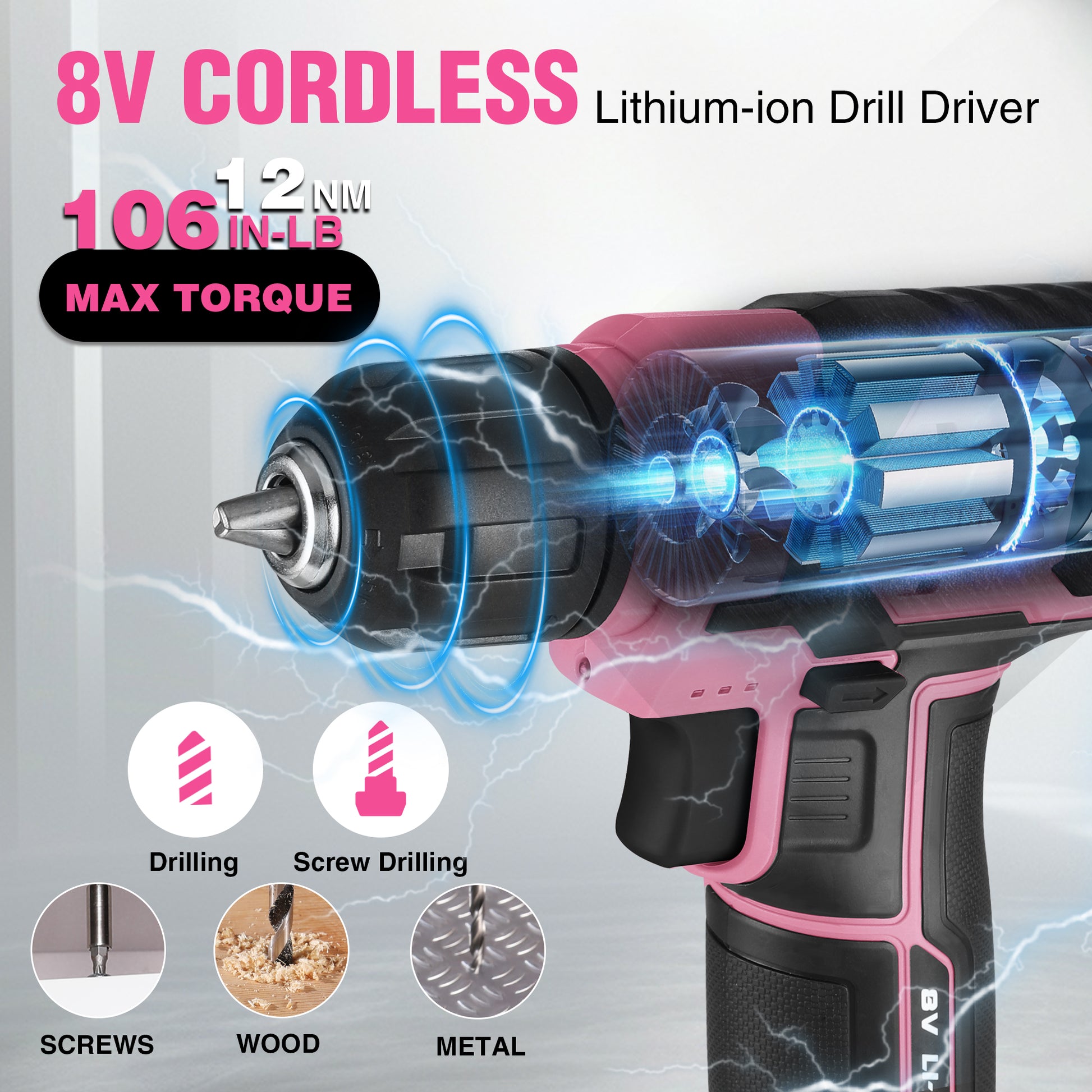 Pink and black cordless drill driver with keyless chuck and forward-facing head
