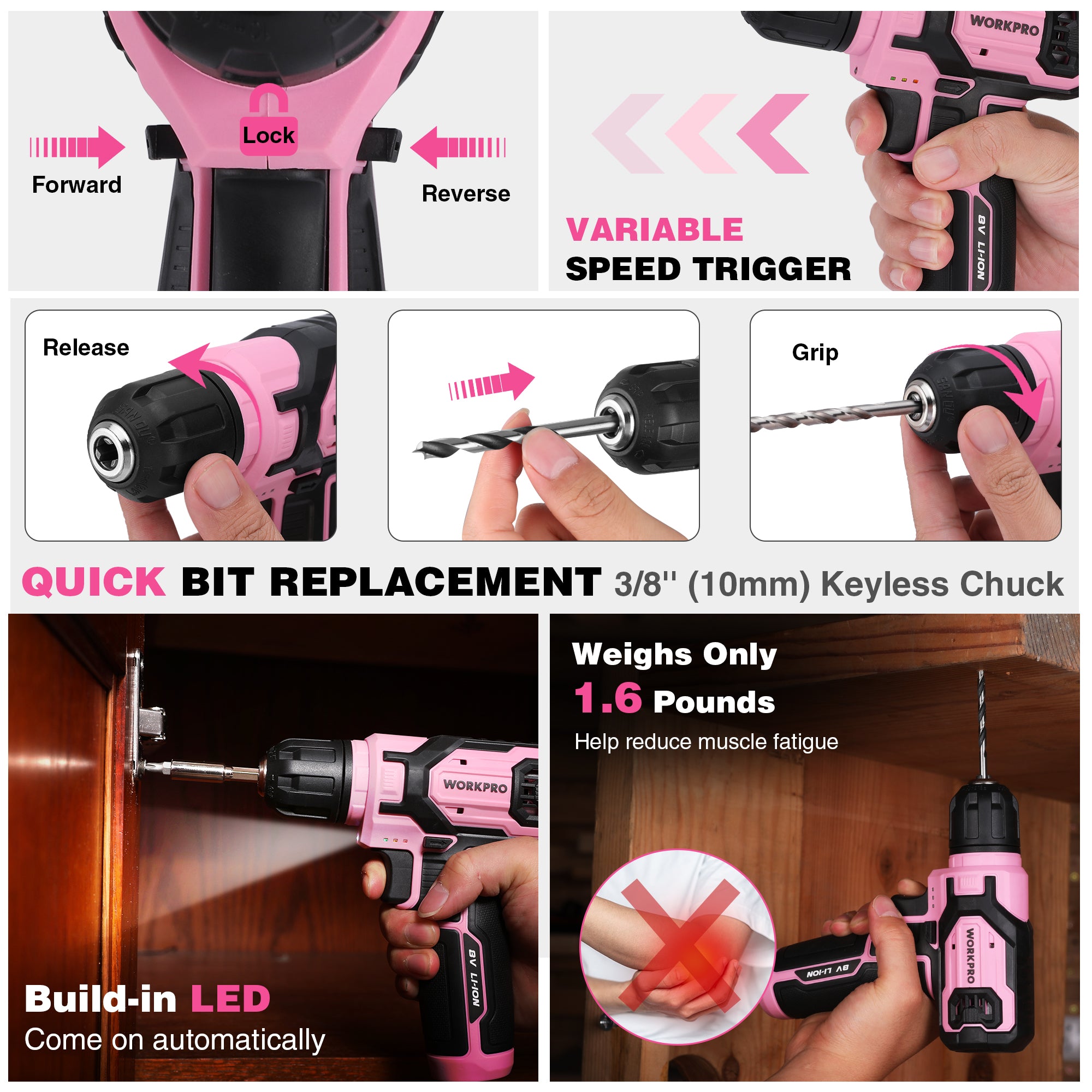 Pink cordless drill driver showing forward/reverse controls and keyless 3/8 in chuck
