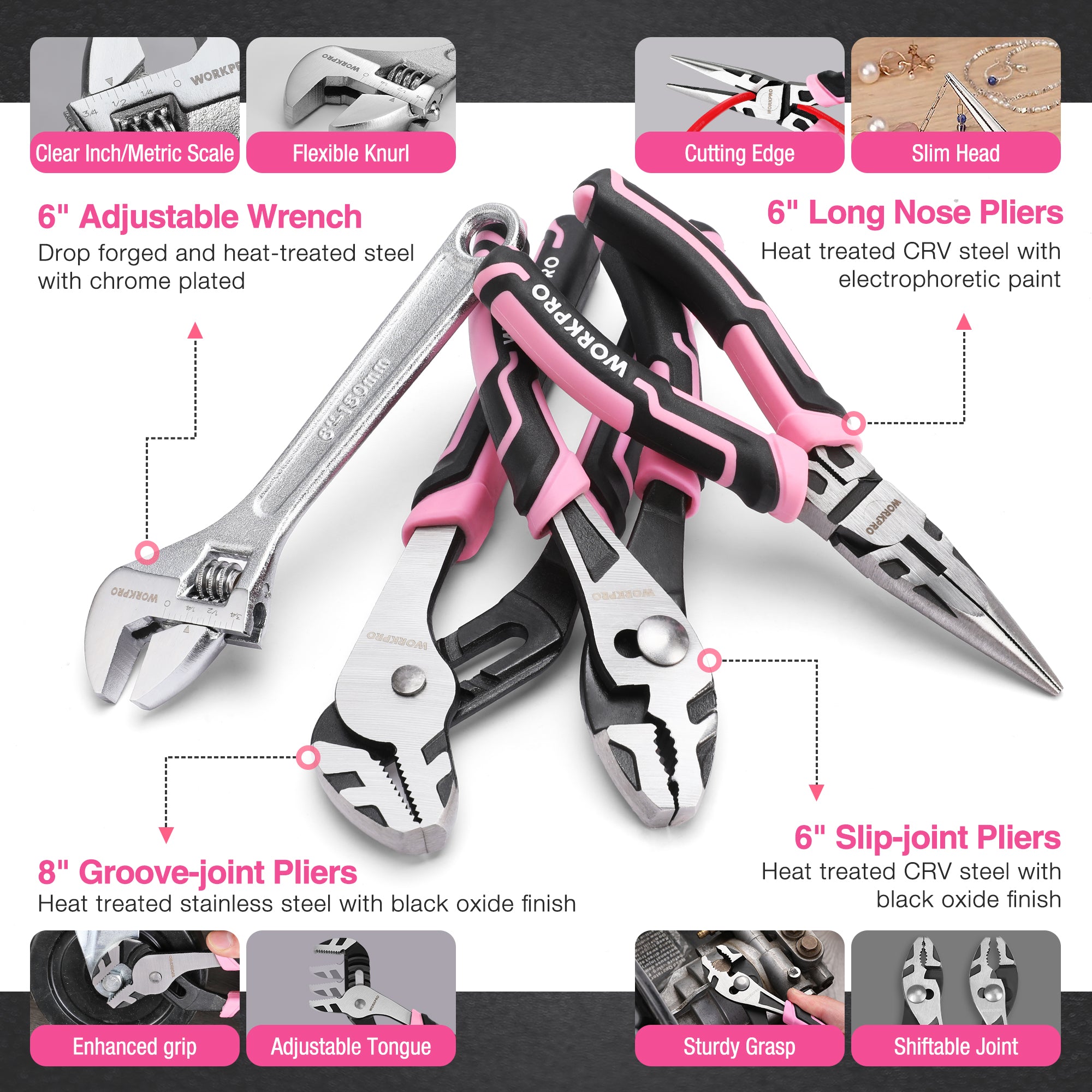 Adjustable wrench and needle-nose pliers with pink and black comfort grips
