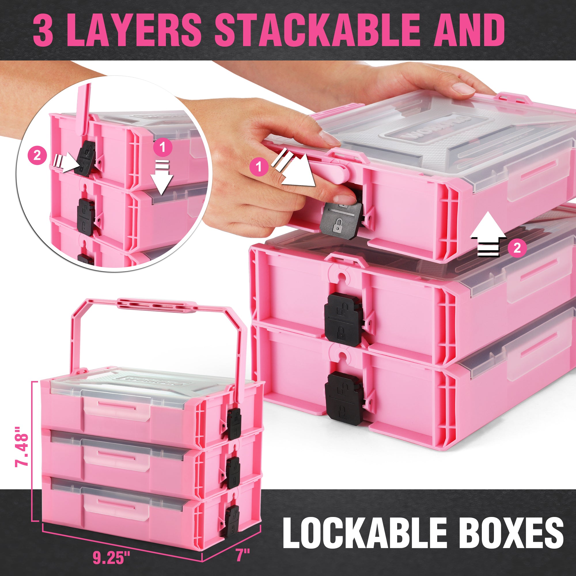 Pink stackable lockable tool boxes with three tiers and secure clip latches
