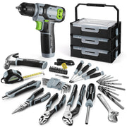 Cordless drill driver set with assorted bits and hand tools, plus stackable tool box