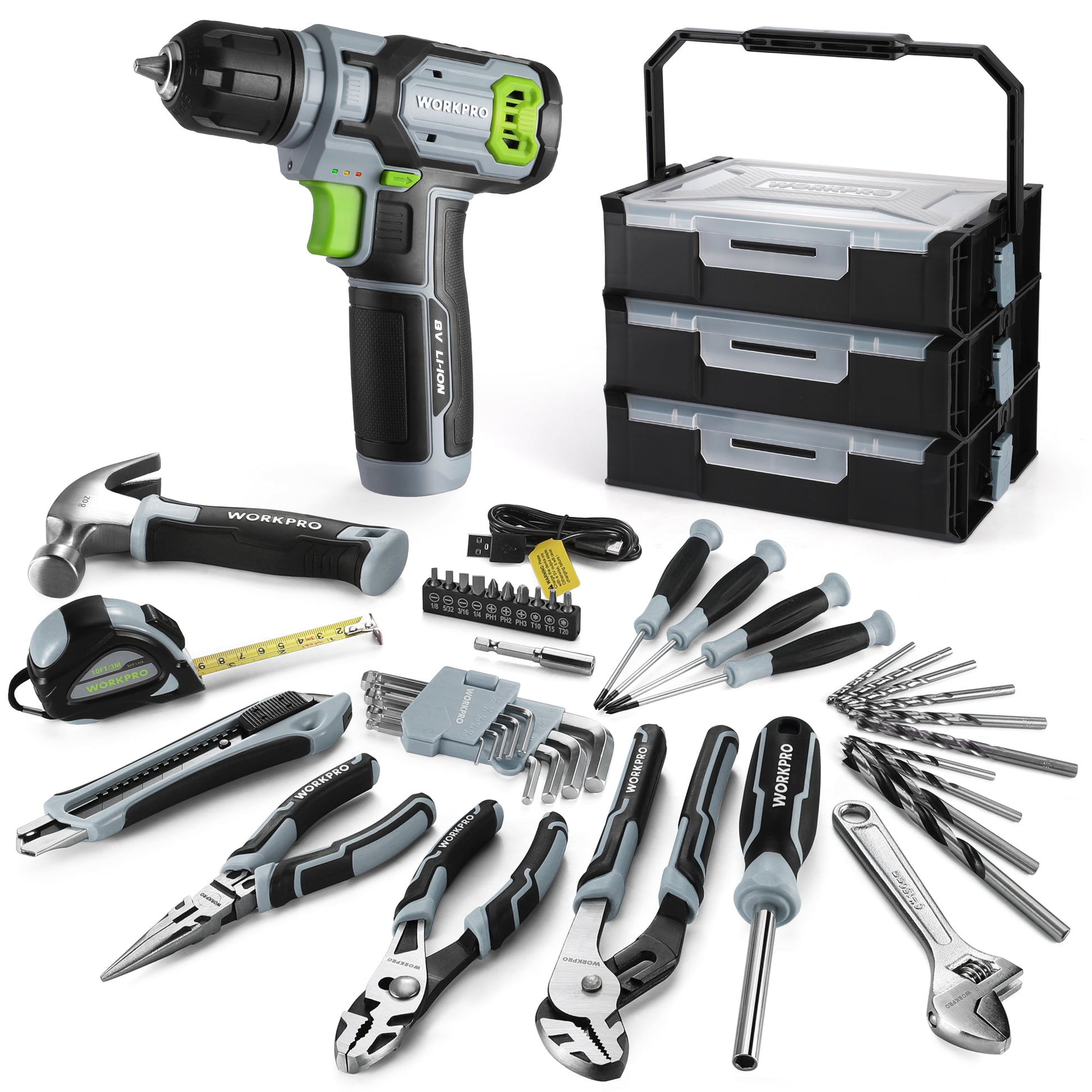 Cordless drill driver set with assorted bits and hand tools, plus stackable tool box