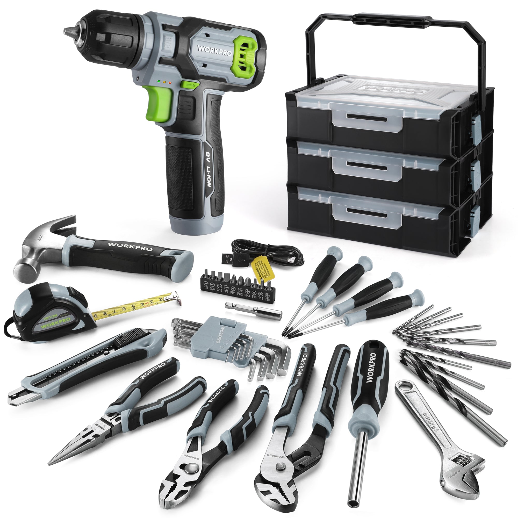 Cordless drill driver set with assorted bits and hand tools, plus stackable tool box
