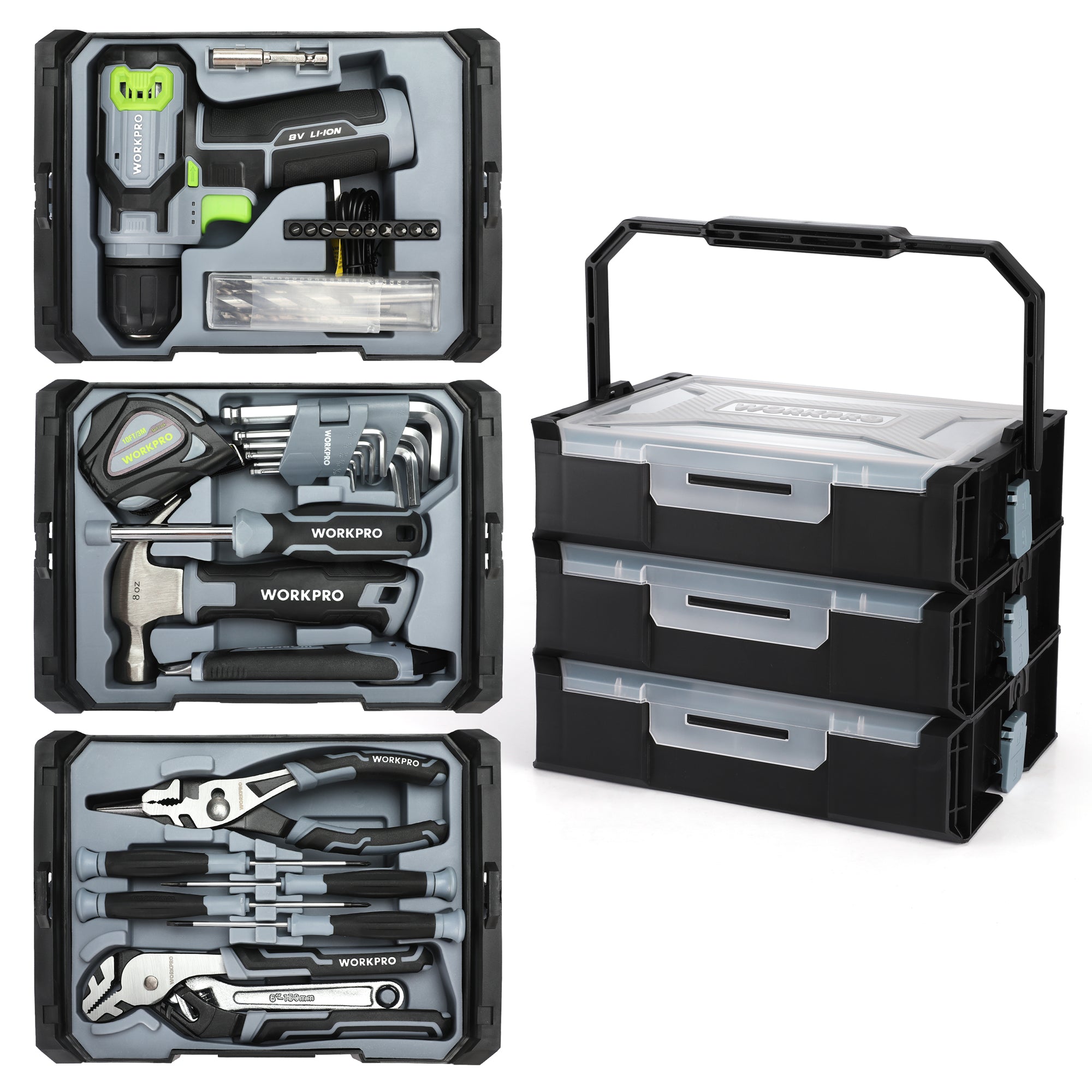 Cordless drill driver and accessories in molded case, with stackable tool box