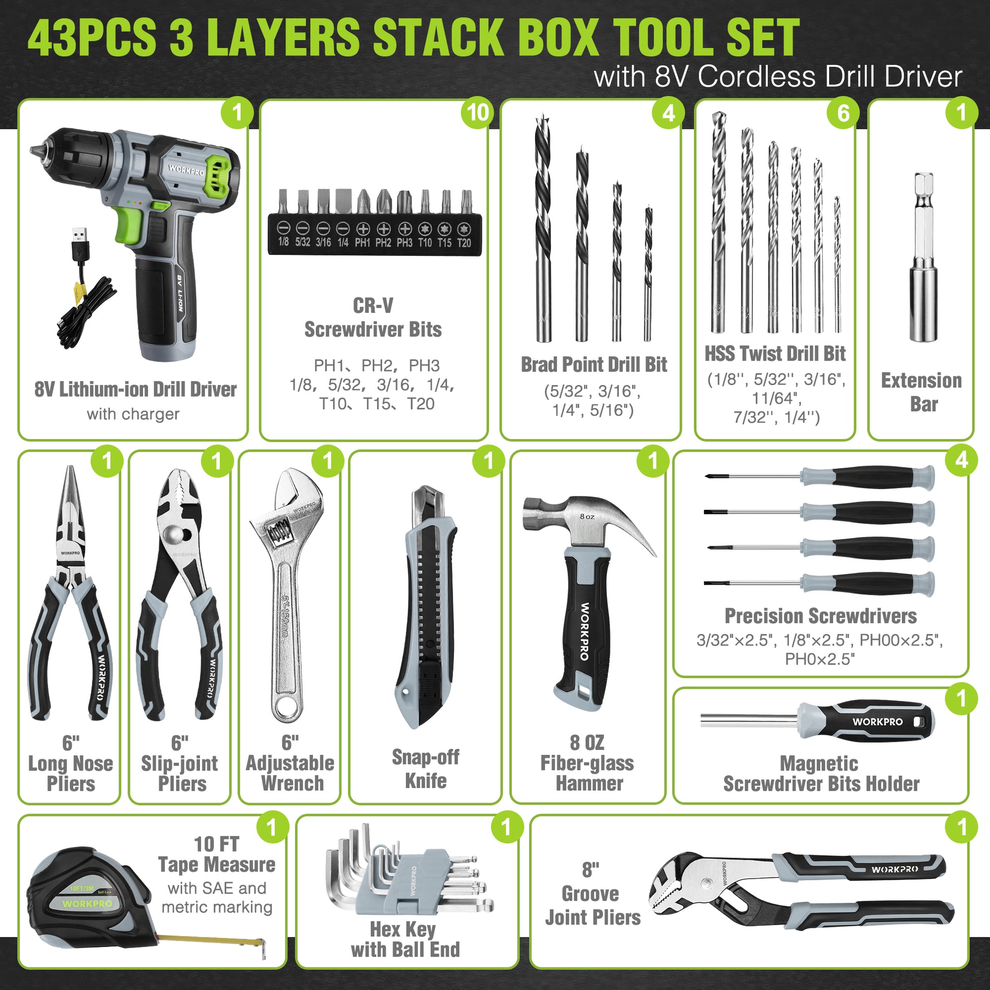 43-piece cordless drill driver accessory set with bits, screwdrivers, and pliers diagram