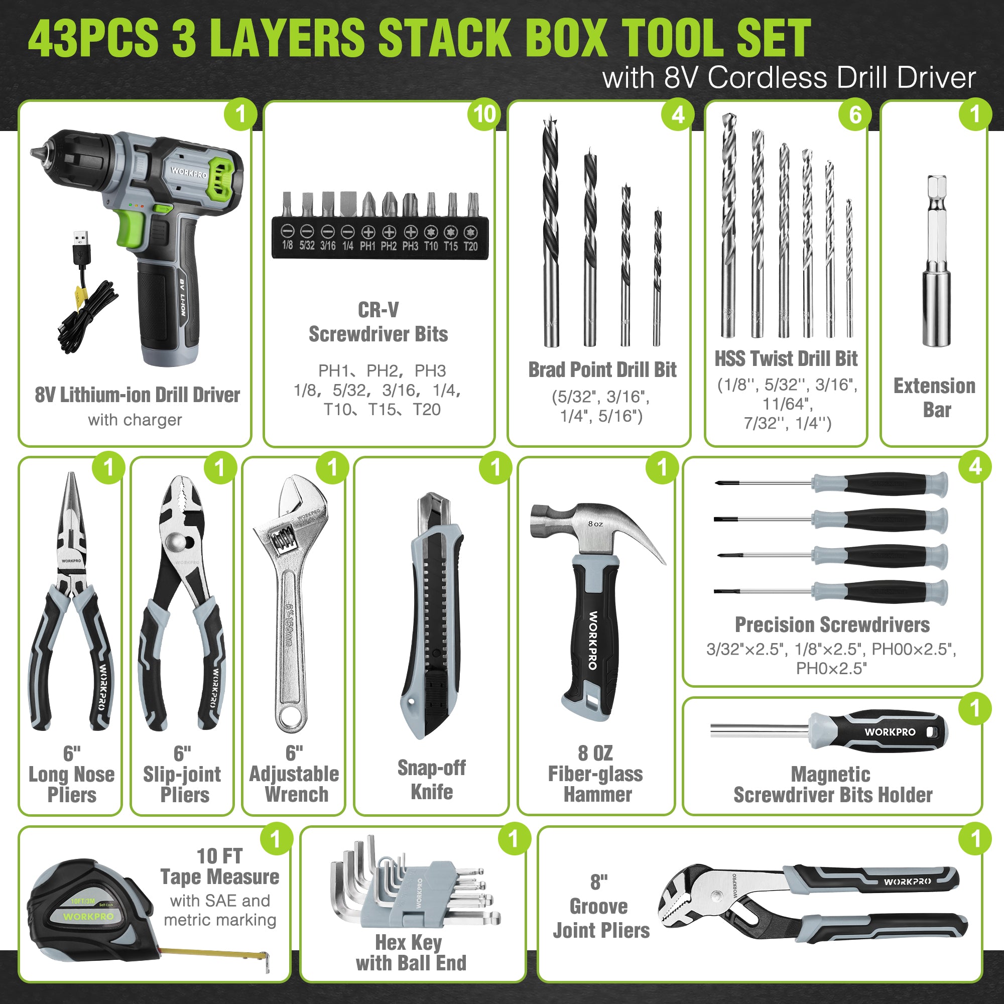 43-piece cordless drill driver accessory set with bits, screwdrivers, and pliers diagram
