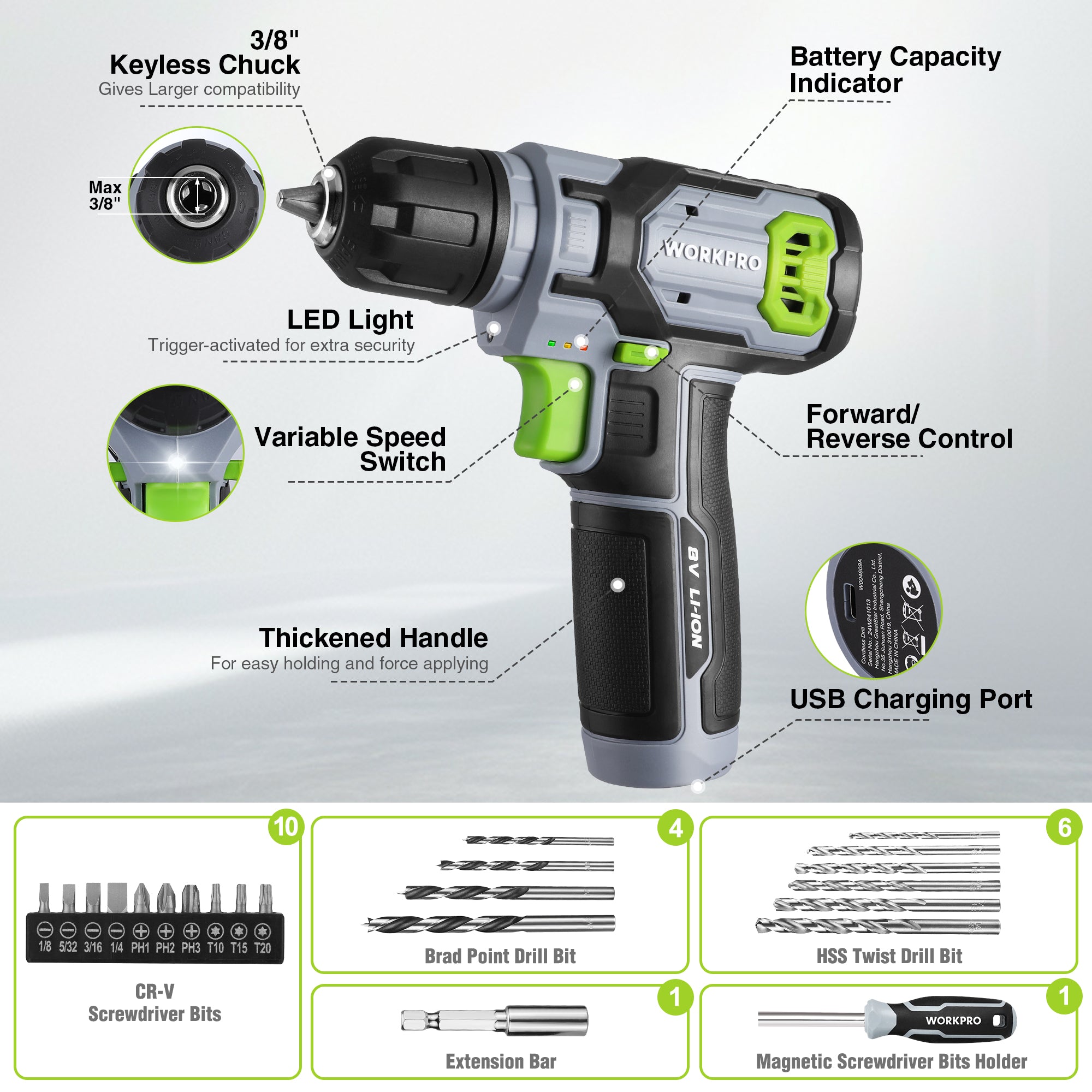 Cordless drill driver with LED light, variable speed trigger, forward/reverse control