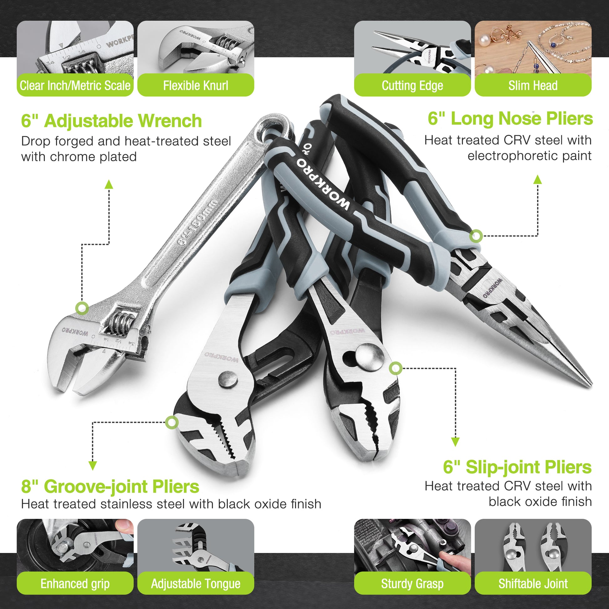 Adjustable wrenches and pliers tool set with metal jaws and black comfort grips
