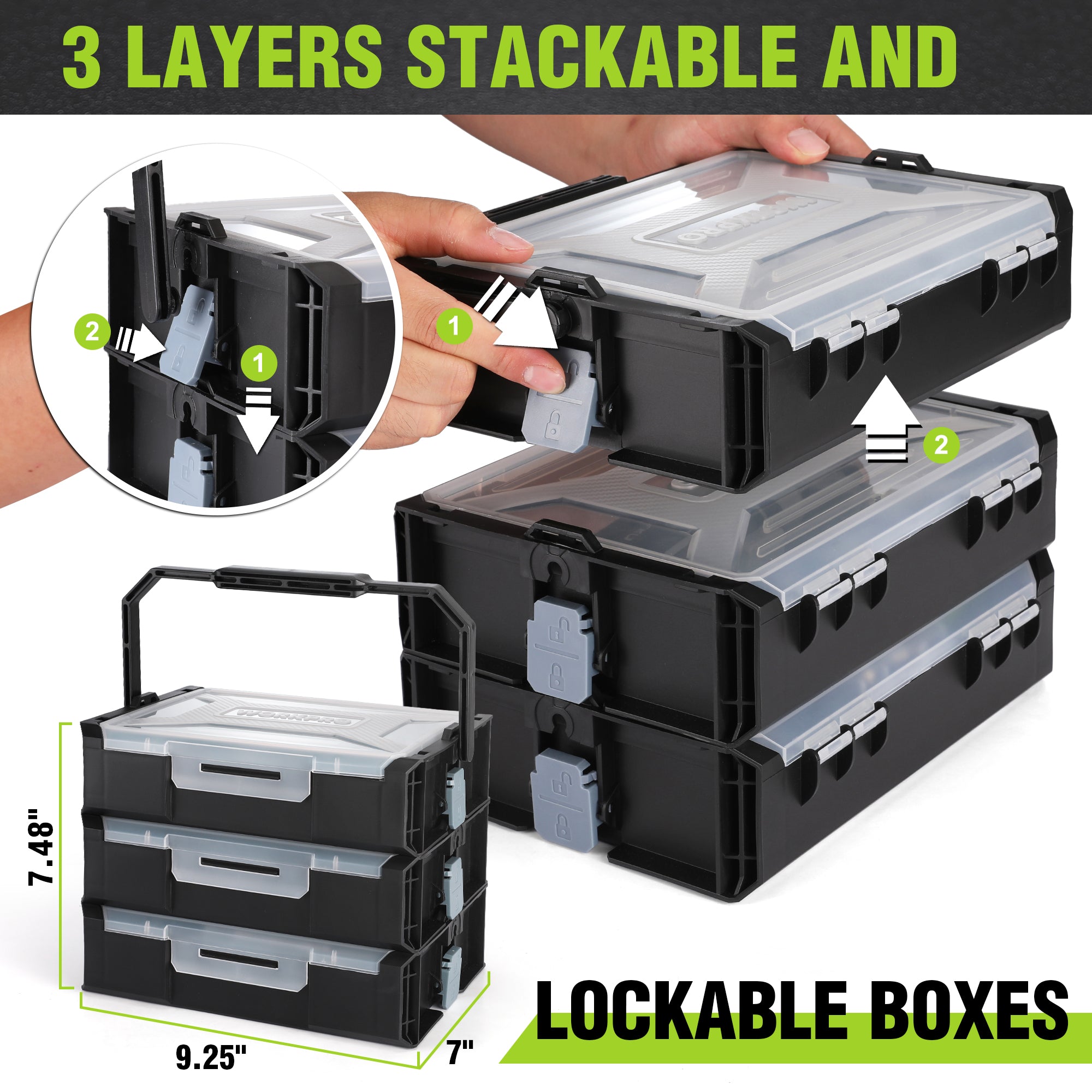 Stackable lockable tool boxes with removable layers for drill and bits accessories