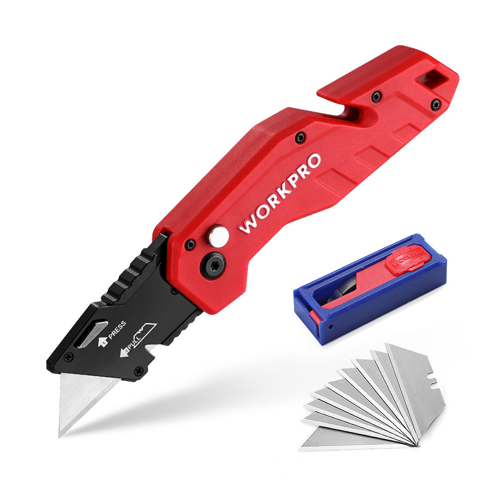 WORKPRO Folding Utility Knife Lightweight Nylon Handle Utility Cutter with 10-piece blades, Red, durable innovation
