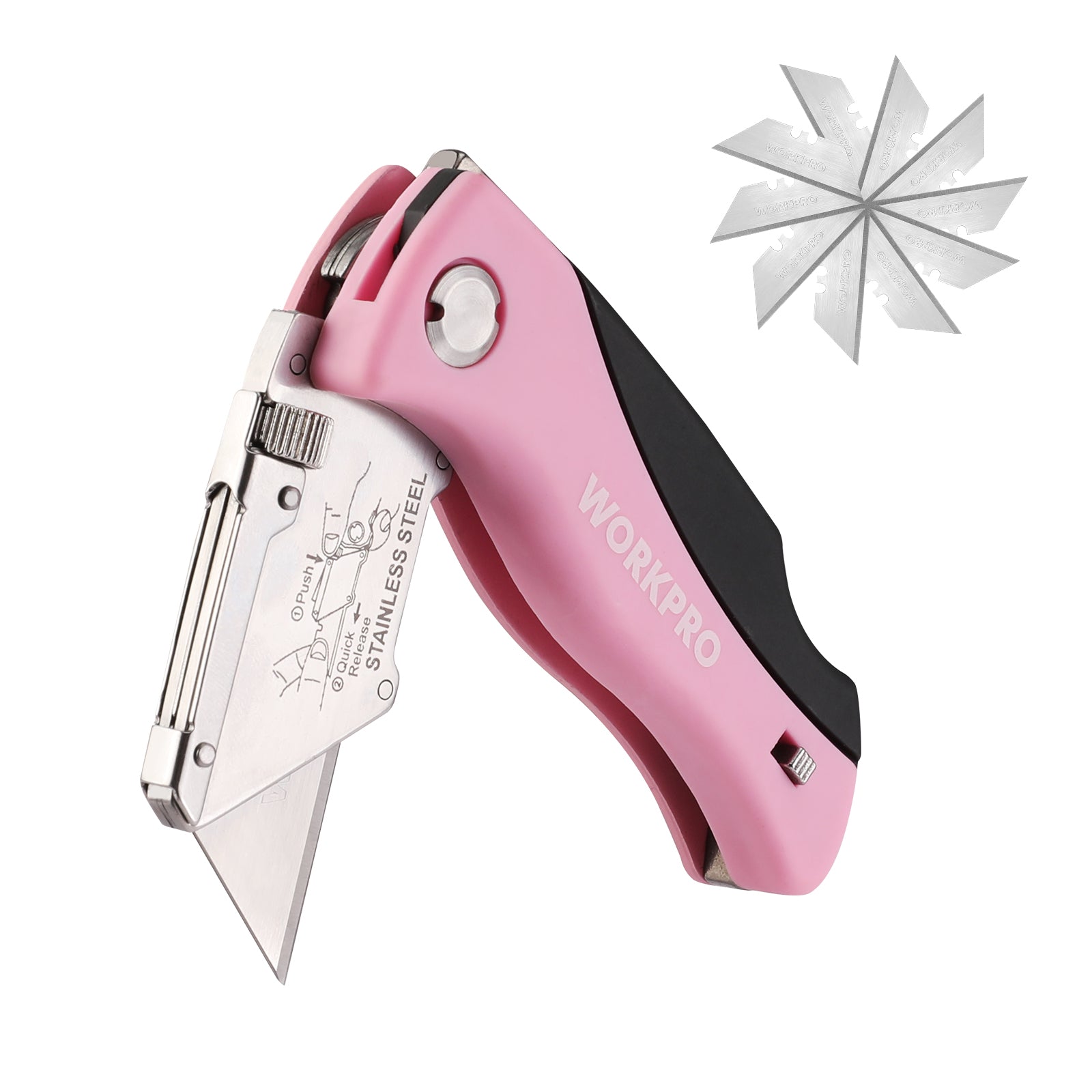 WORKPRO Folding Utility Knife, Quick Change Box Cutter, Pink Razor Knife - Pink Ribbon