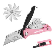 WORKPRO Folding Utility Knife quick change box cutter in pink with durable ABS grip and secure blade back lock