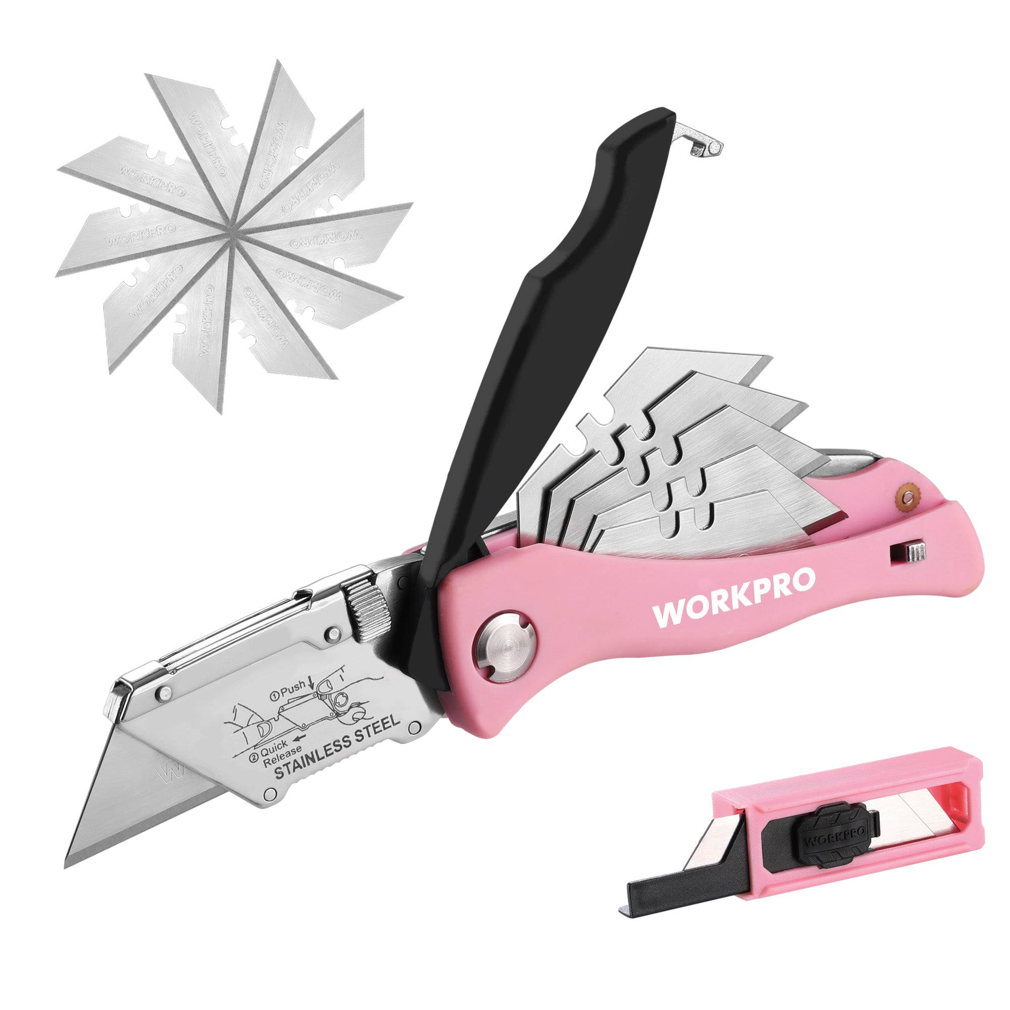 WORKPRO Folding Utility Knife, Quick Change Box Cutter, Pink Razor Knife - Pink Ribbon