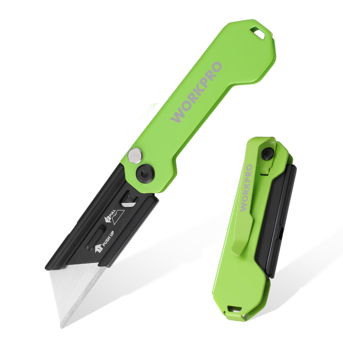 WORKPRO EDC Folding Utility Knife mini box cutter in green with innovation, quality, secure, durable, convenient