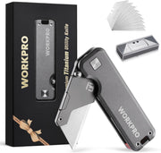 Titanium utility knife with aluminum handle, fold-out blade, and boxed blade refill pack