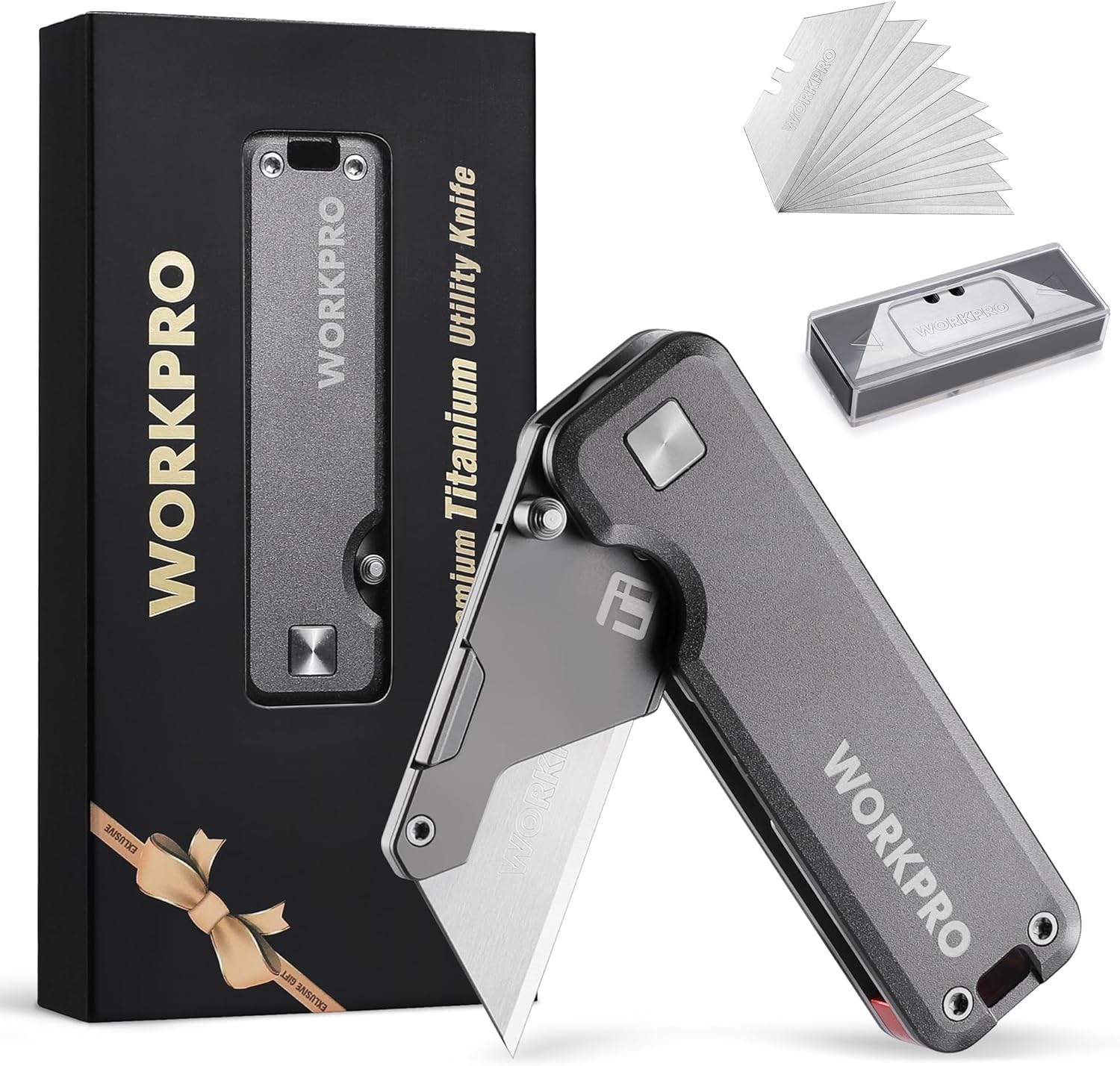 Titanium utility knife with aluminum handle, fold-out blade, and boxed blade refill pack