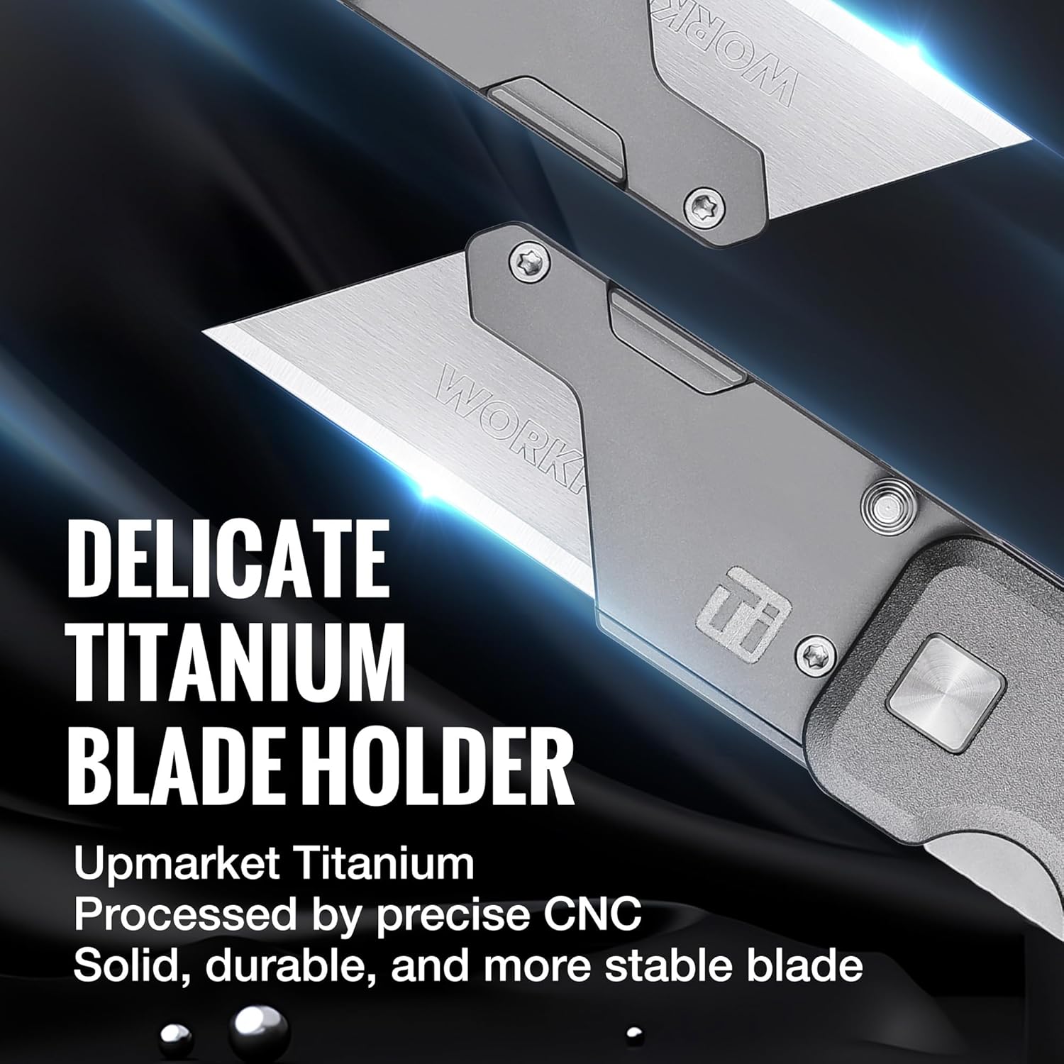 Titanium blade holder utility knife with angular blade and secure sliding liner lock