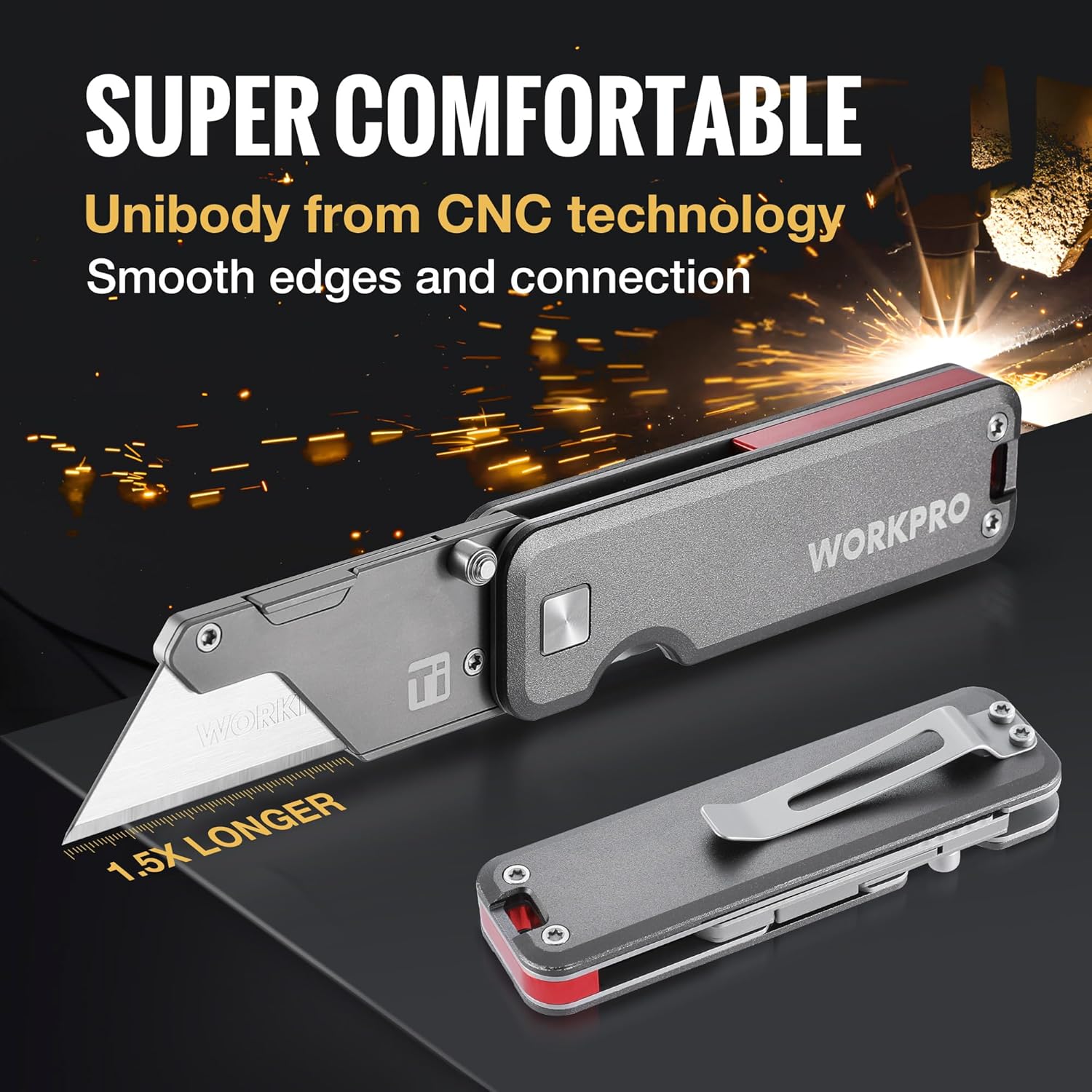 Titanium unibody utility knife with fold-out blade and compact CNC-milled frame