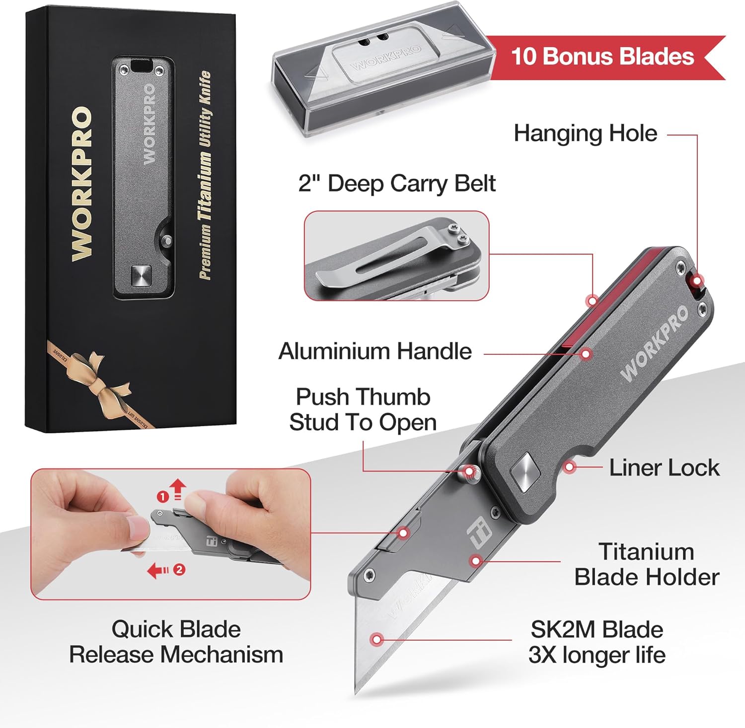 Aluminum-handled titanium utility knife with fold-out SK2M blade and liner lock