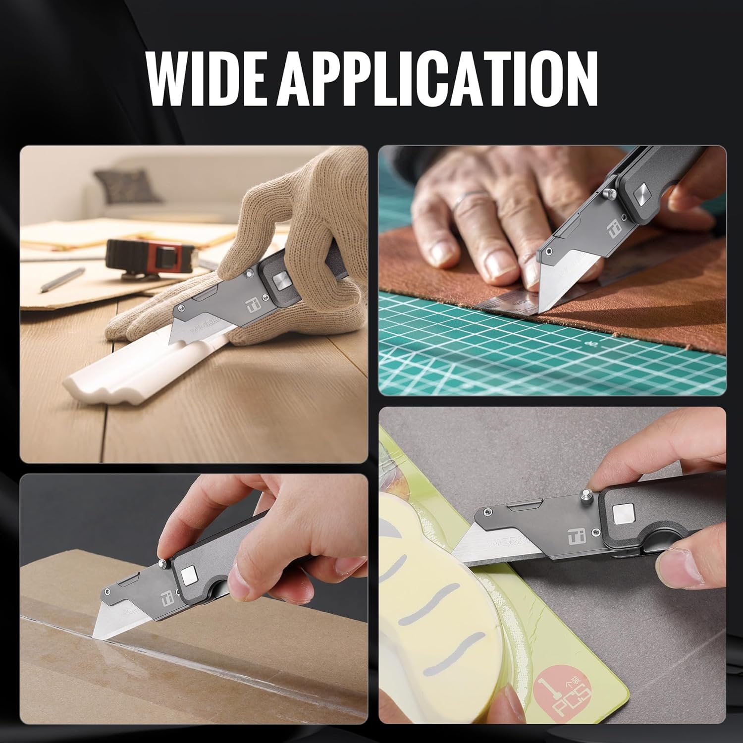 Titanium utility knife showing fold-out blade for cutting cardboard, tape, and foam