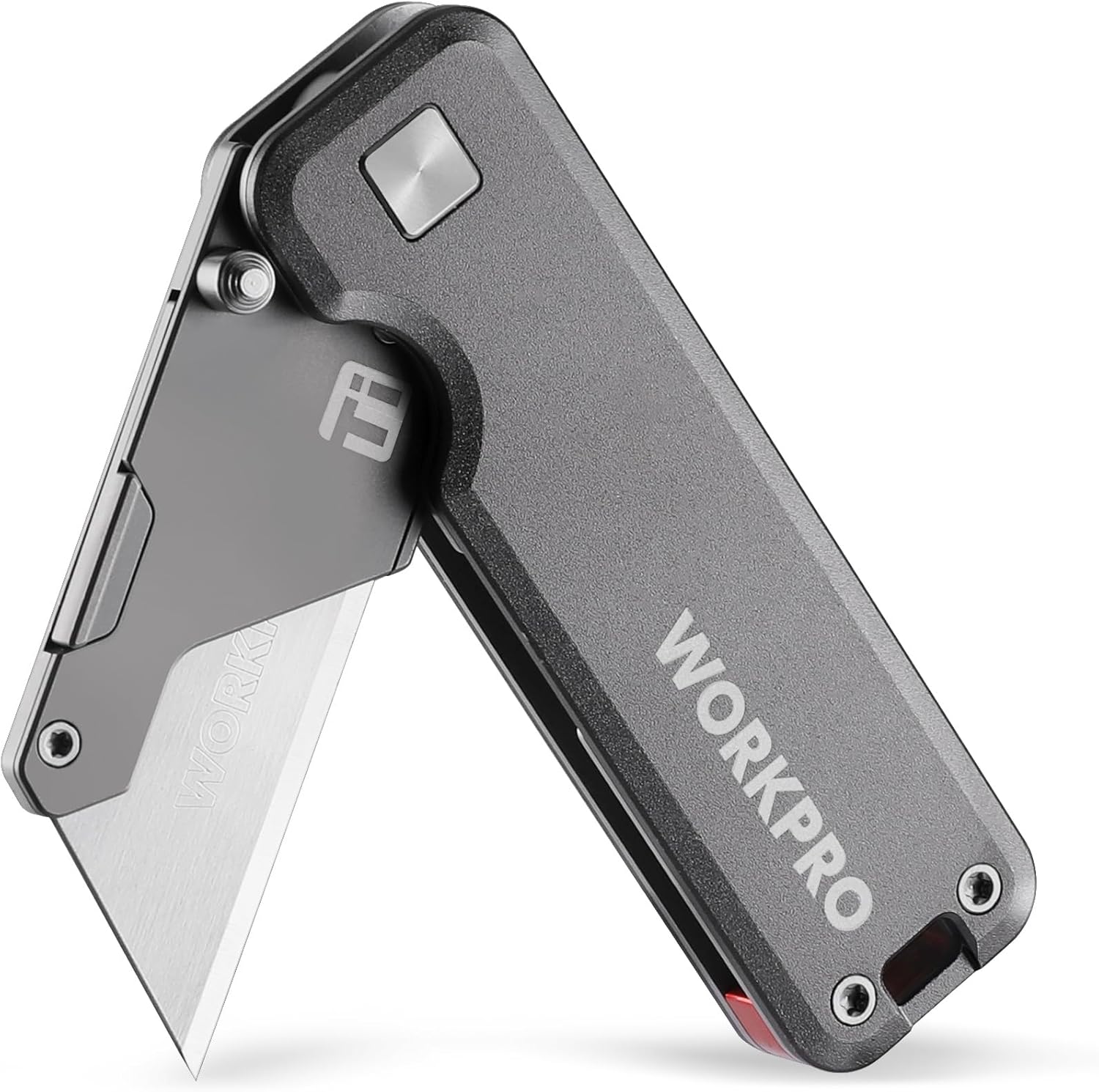 WORKPRO utility knife with textured handle, titanium blade holder, and locked blade