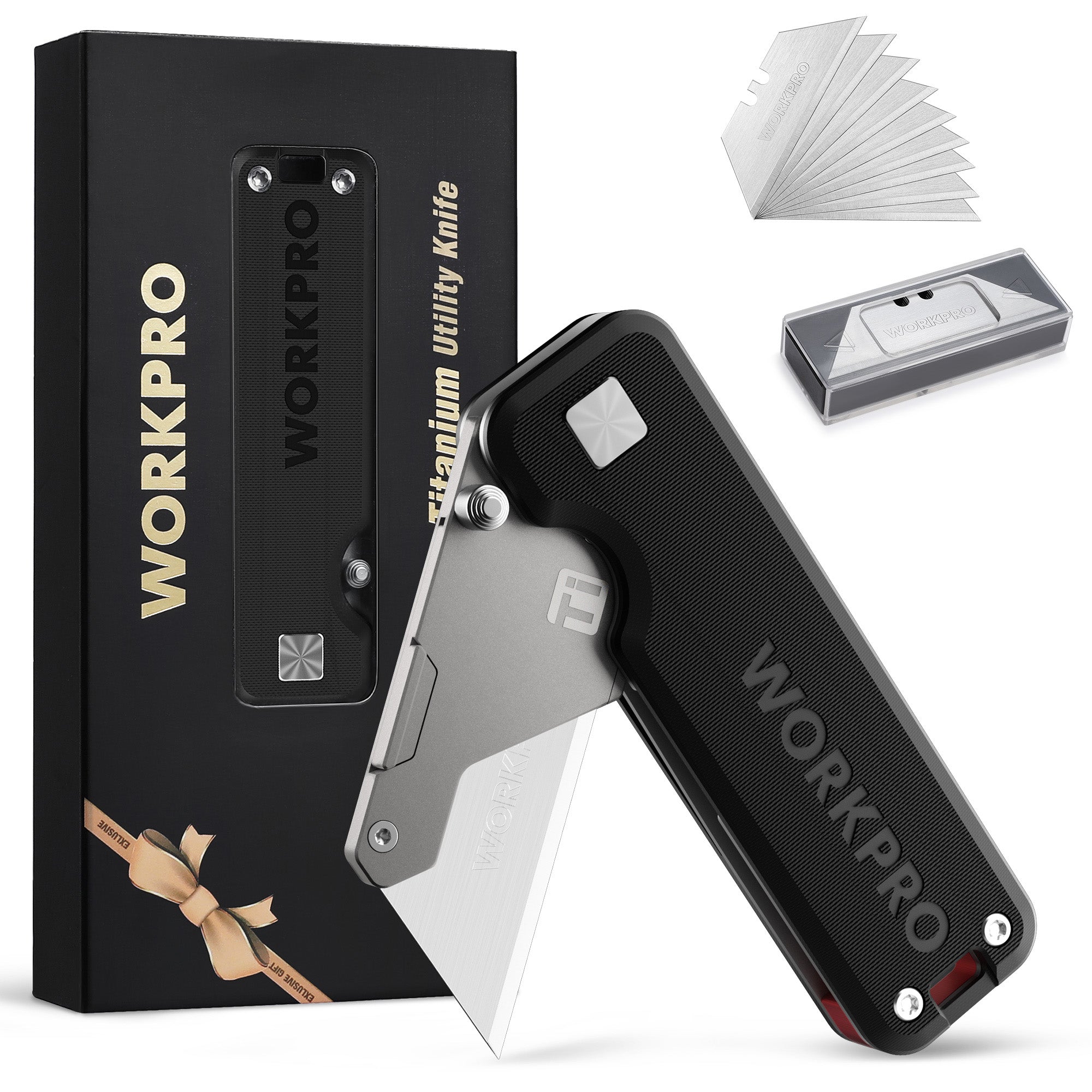 WORKPRO utility knife with black aluminum handle and titanium blade, no tools needed blade replacement