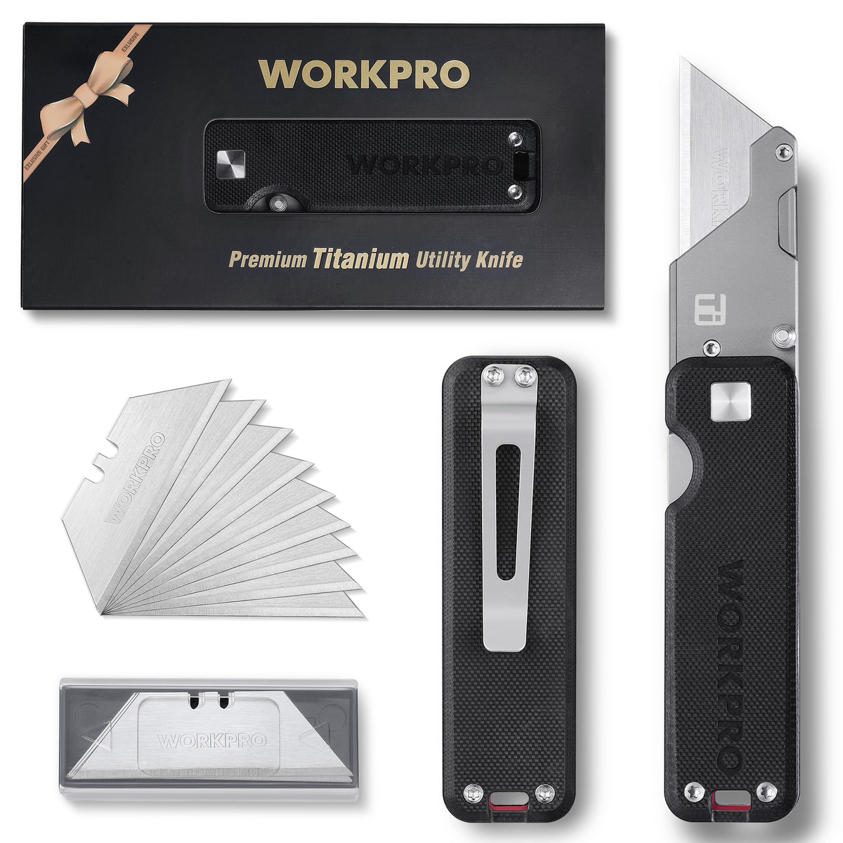 WORKPRO Lightweight CNC Unibody Premium Titanium Utility Knife with 10 Extra Blades, G-10 Handle