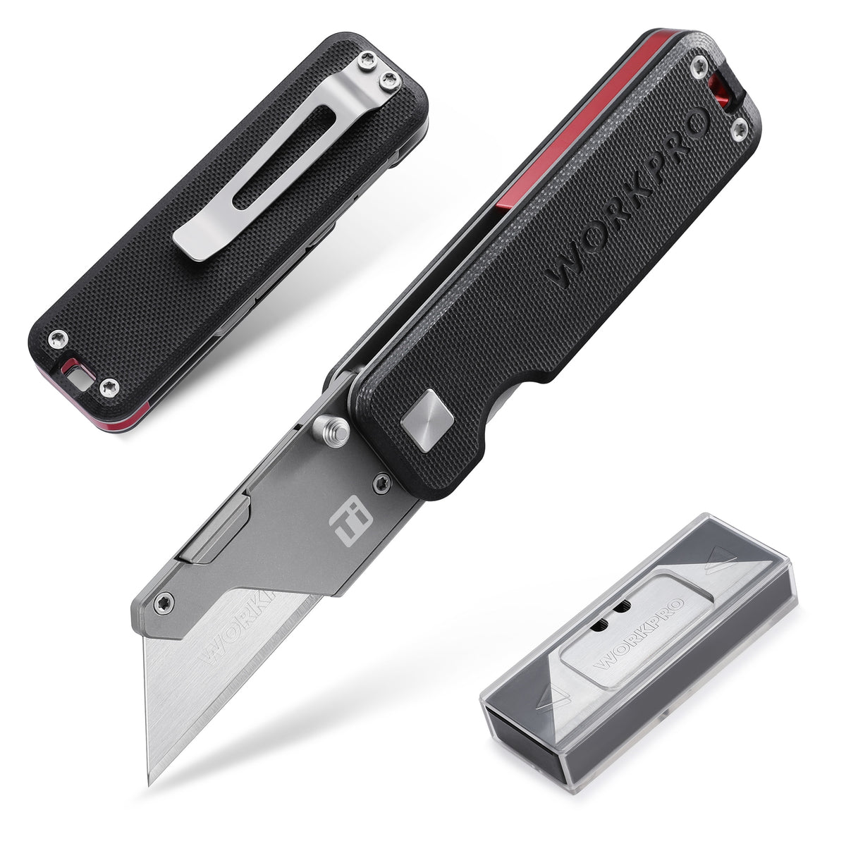 Workpro lightweight unibody titanium utility knife in black and red with quick release button for tool free blade