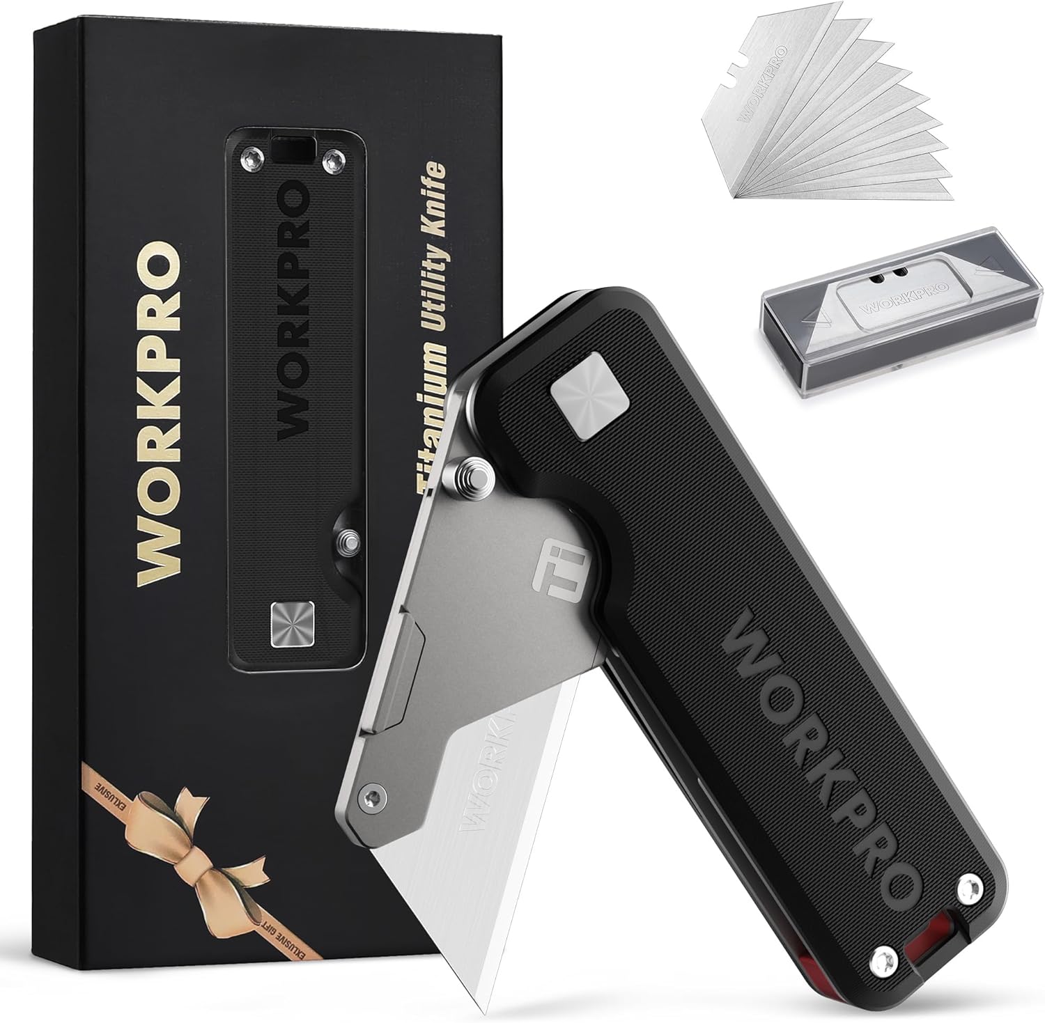 WORKPRO Lightweight CNC Unibody Premium Titanium Utility Knife with10 Extra Blades, G-10/Aluminum Handle