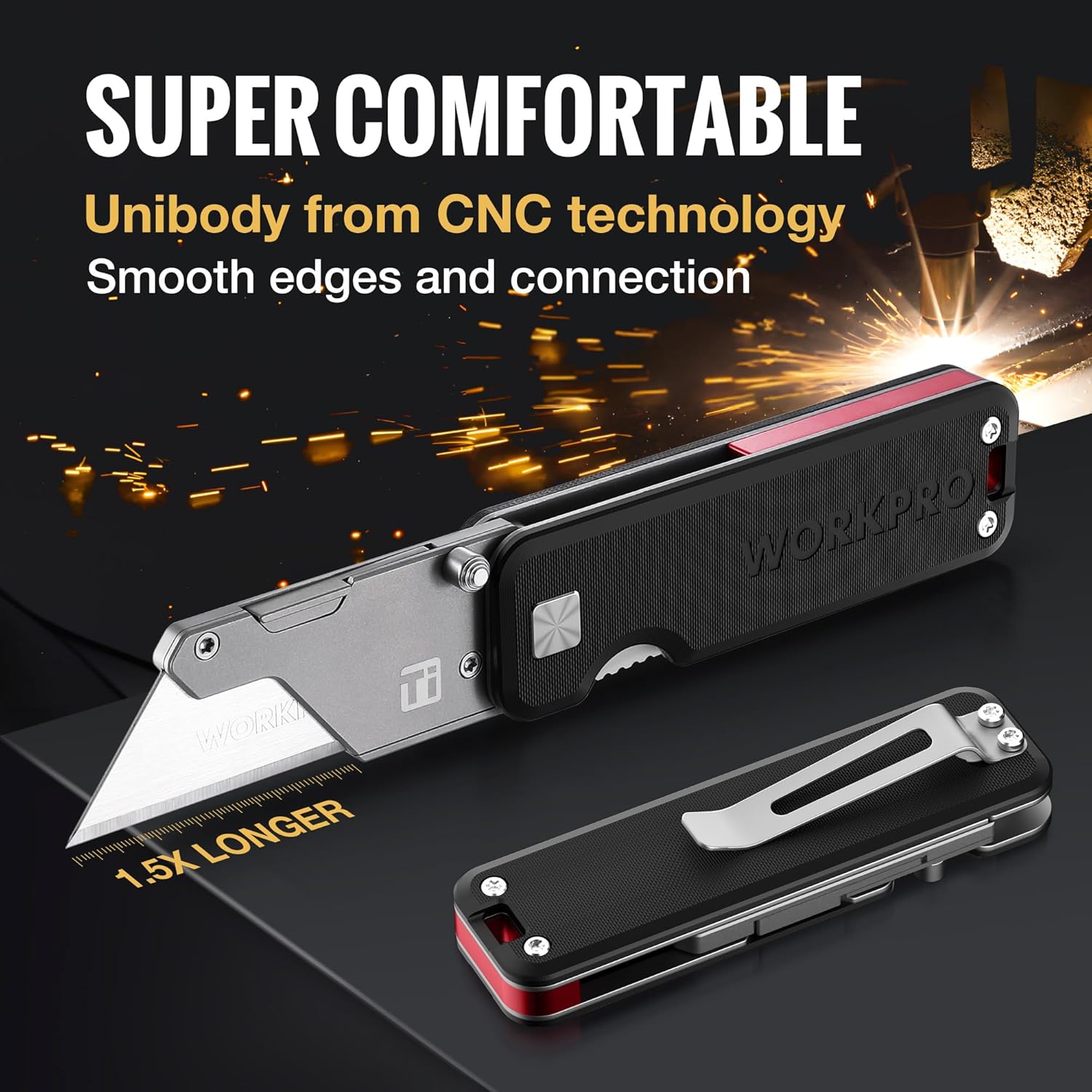 WORKPRO unibody utility knife with textured black handle and retractable blade