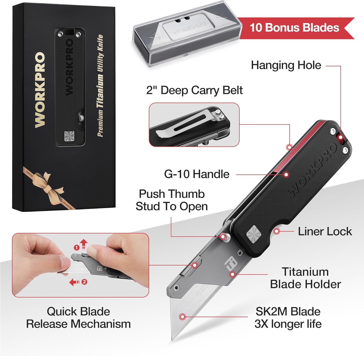 WORKPRO utility knife set with black G-10 handle and 10 bonus blade package