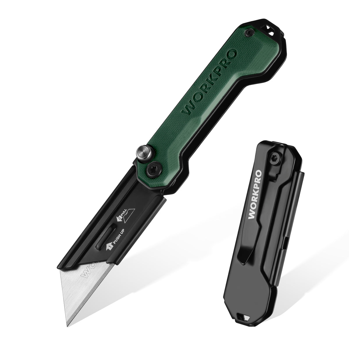 WORKPRO EDC Folding Utility Knife mini box cutter in green and black with innovation, quality, durable grip