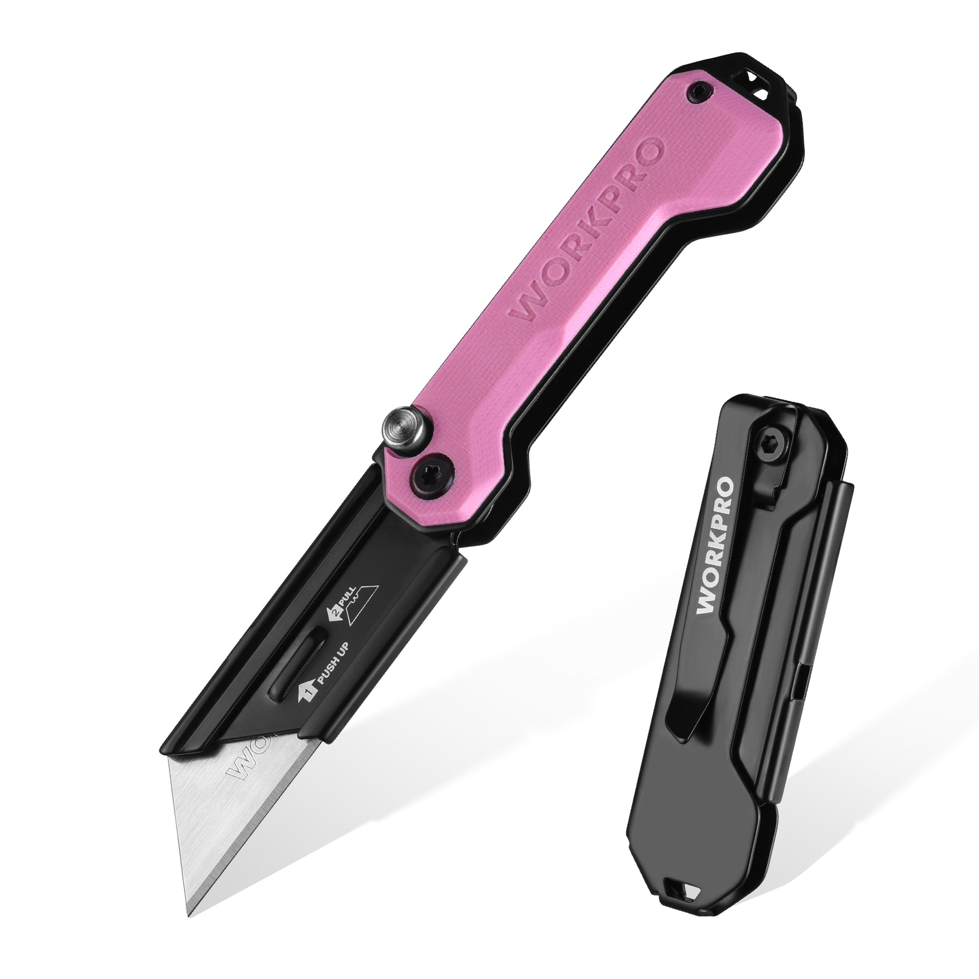 Pink folding utility knife with extended stainless blade and black clip-on case.
