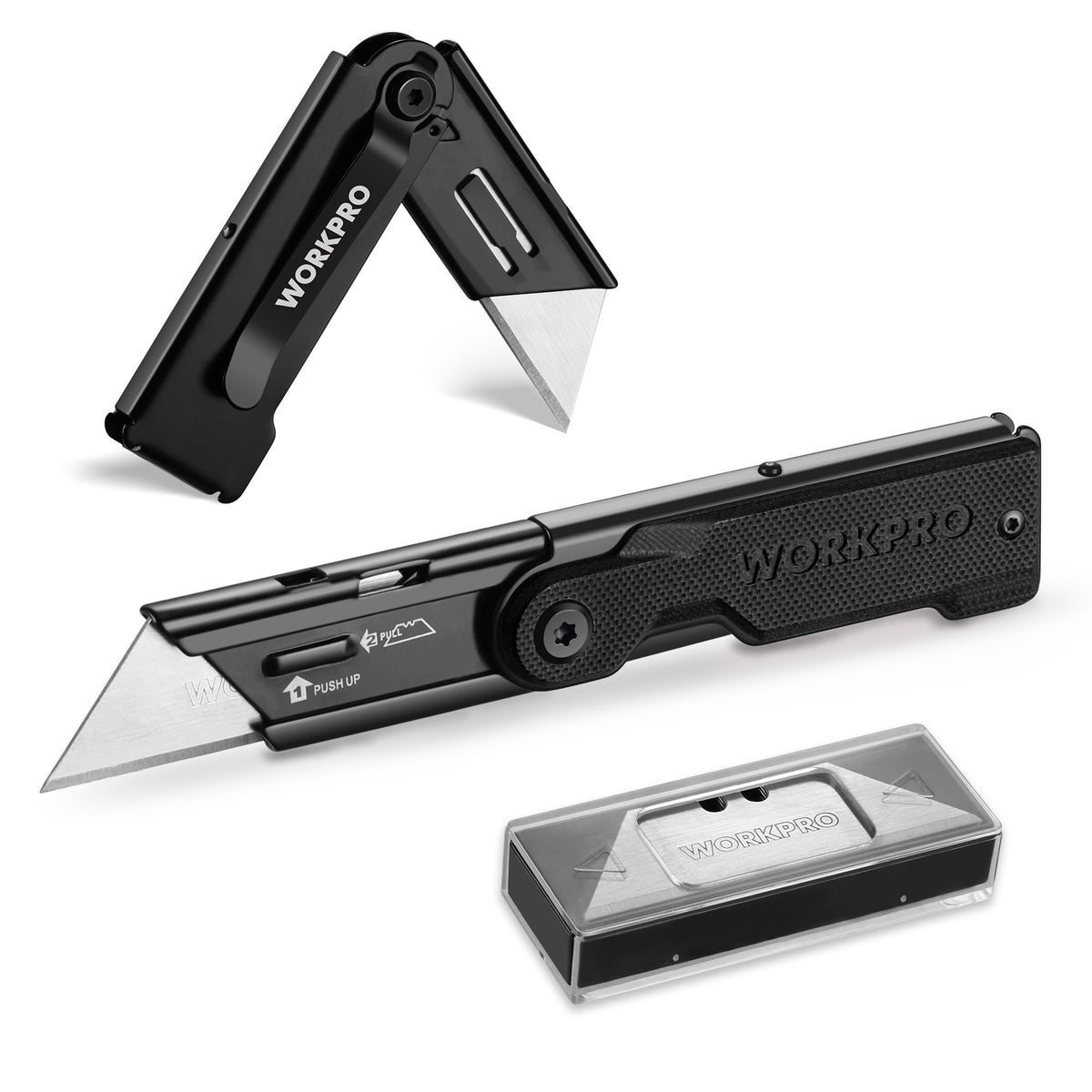 WORKPRO Folding Utility Knife with 10 extra SK5 blades, black G10 handle, innovation and durable quality