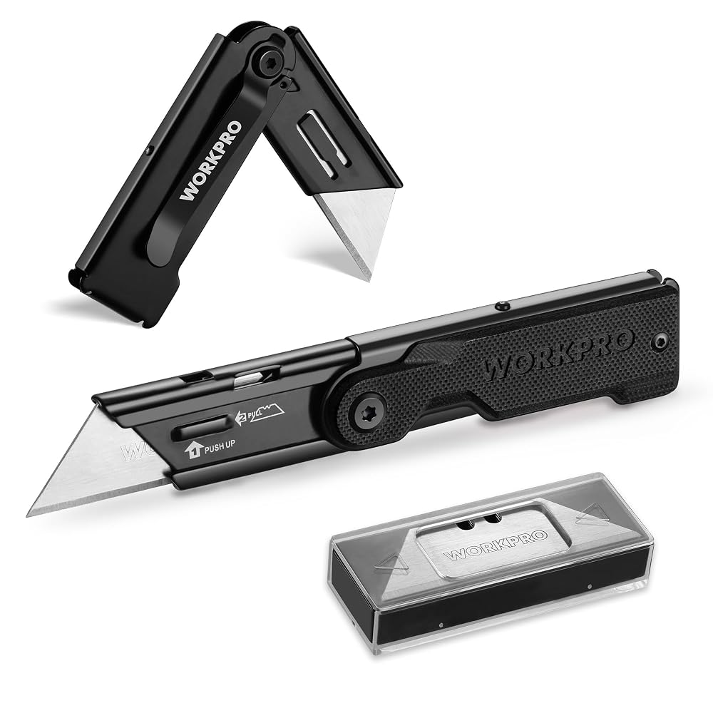 WORKPRO Folding Utility Knife black with innovation, quality, secure pocket box cutter and durable G10 handle