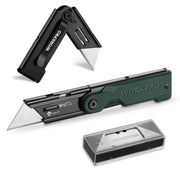 WORKPRO Folding Utility Knife with 10 extra SK5 blades in green and black with durable secure innovation