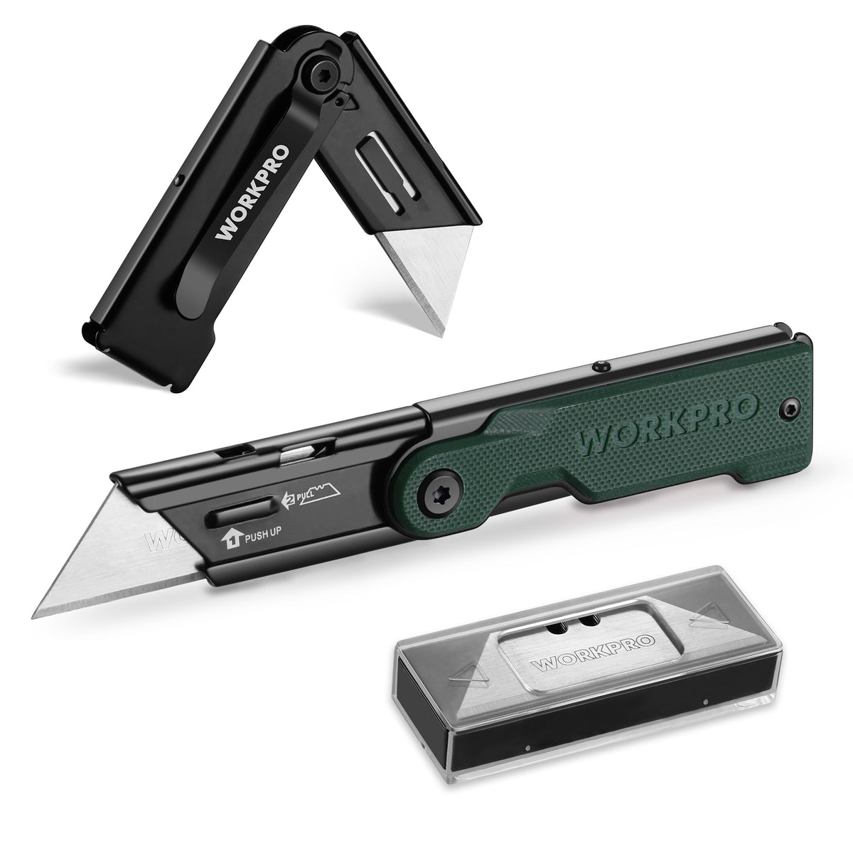 WORKPRO Folding Utility Knife with 10 extra SK5 blades in green and black with durable secure innovation