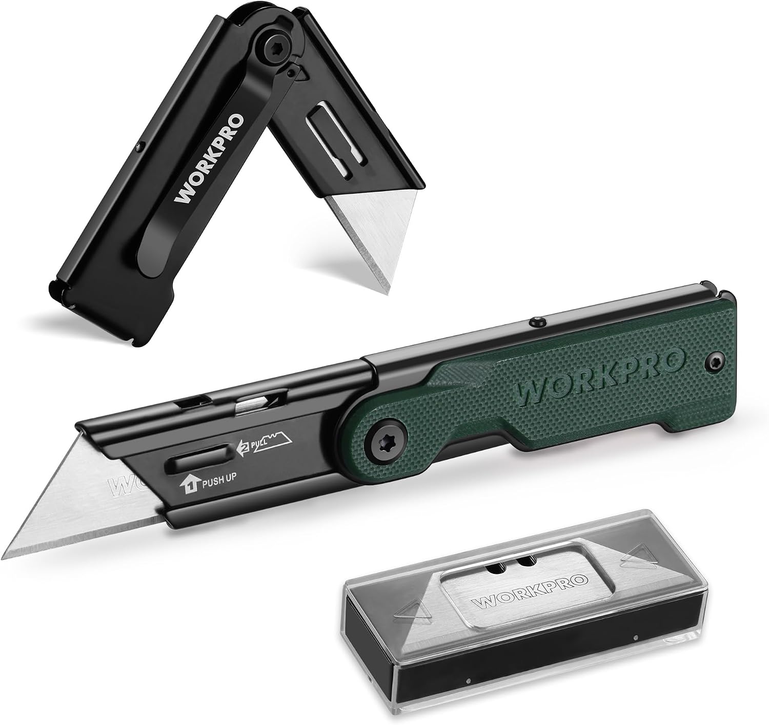 WORKPRO folding utility knife with 10 extra SK5 blades, green and black G10 handle, durable innovation