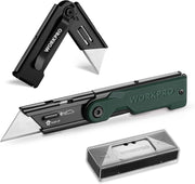 WORKPRO folding utility knife with 10 extra SK5 blades, green and black G10 handle, durable innovation