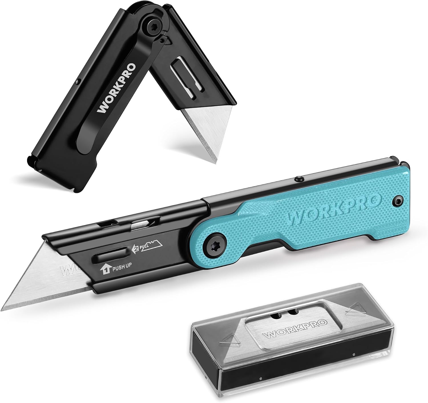 WORKPRO Folding Utility Knife with 10 SK5 blades in blue and black, innovation quality and secure G10 handle