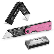 WORKPRO folding utility knife in pink and black with secure liner lock blade release, innovation quality