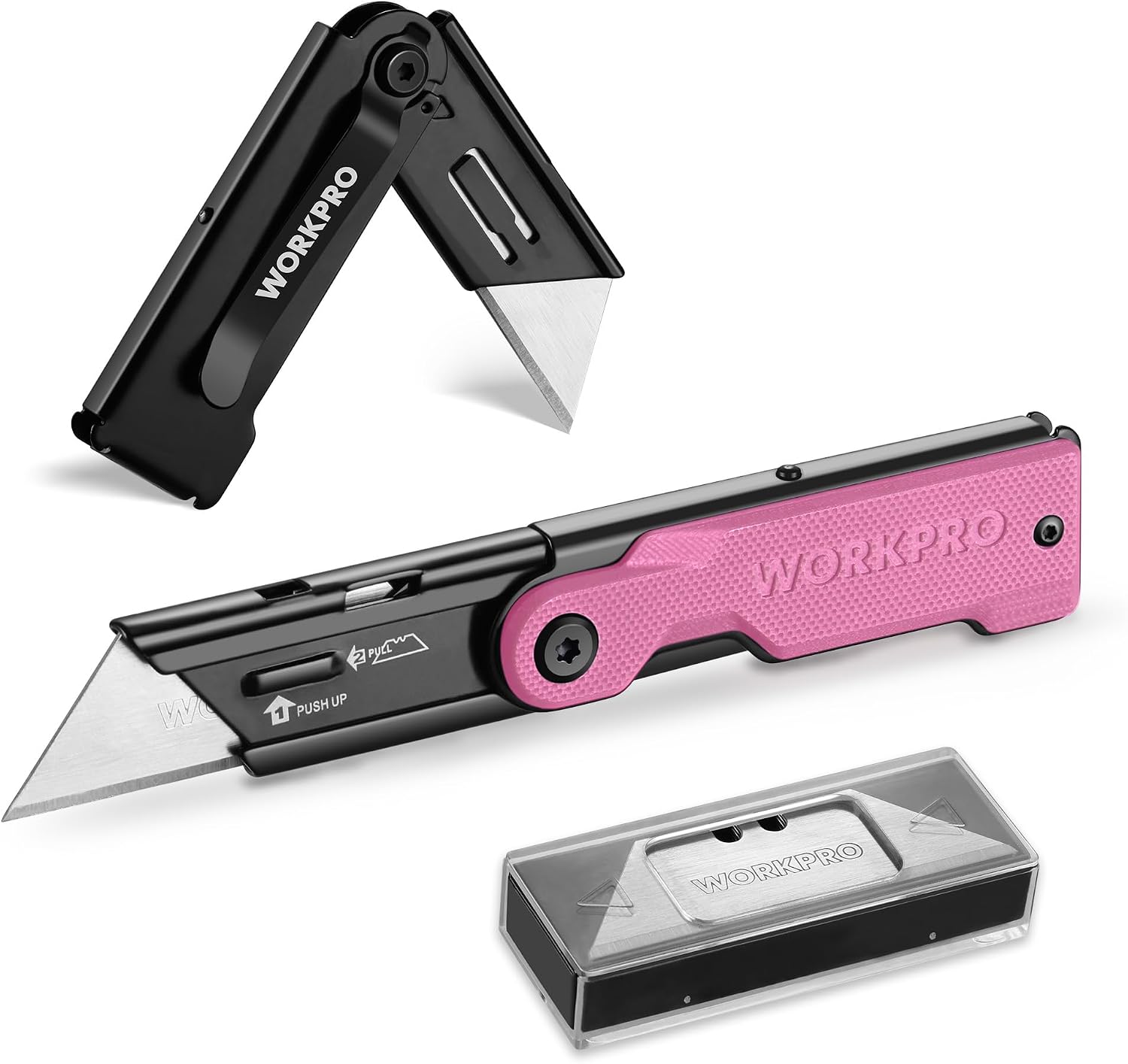 WORKPRO Folding Utility Knife with 10 Extra SK5 Blades in pink with secure durable quality innovation