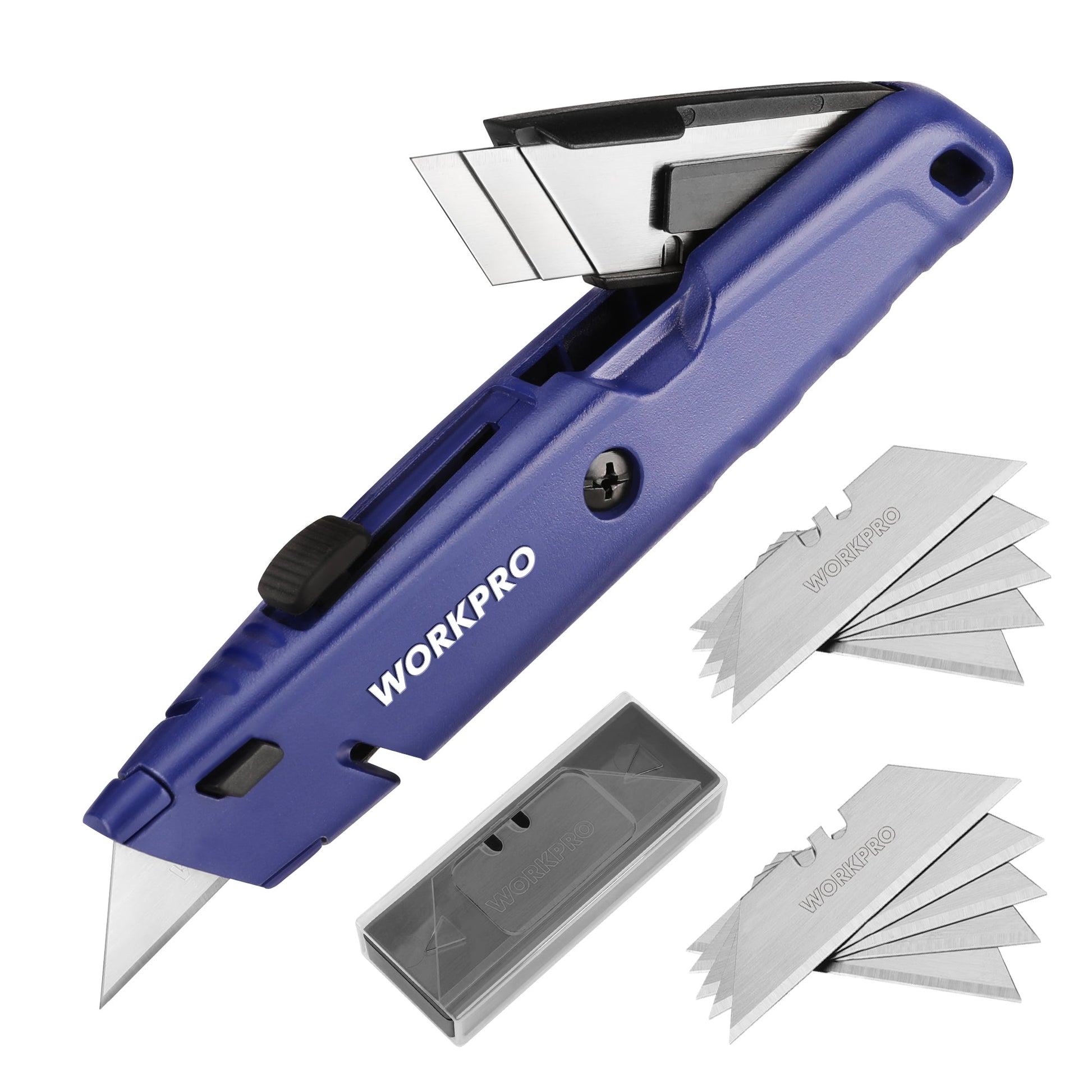 Blue retractable utility knife with multiple spare blades and storage cartridge