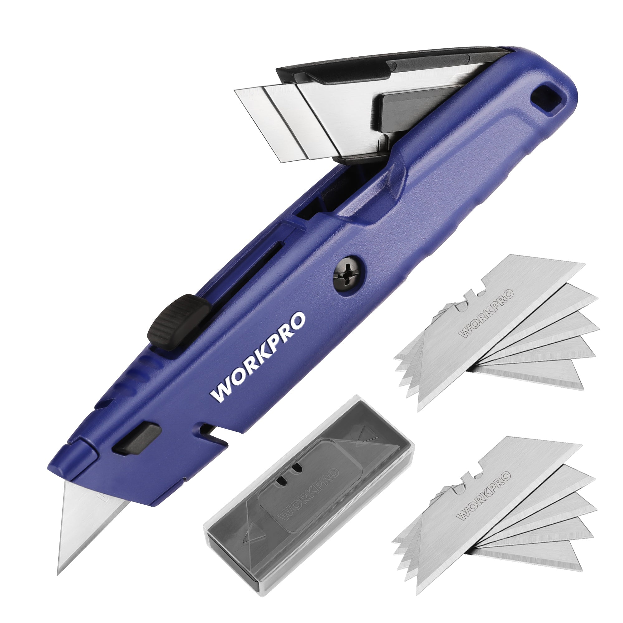 Blue retractable utility knife with multiple spare blades and storage cartridge