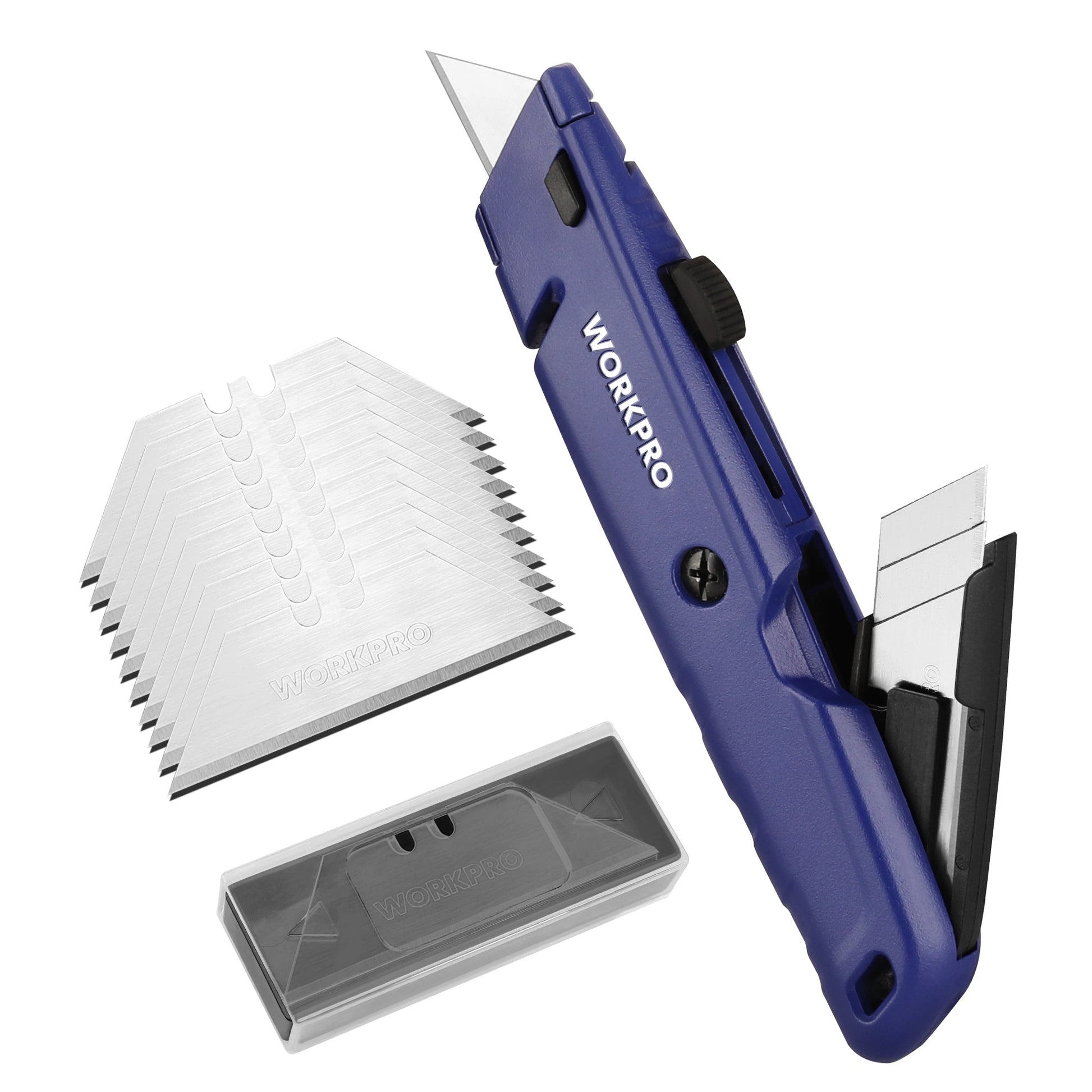 Blue retractable box cutter with zigzag serrated blade and spare blade compartment