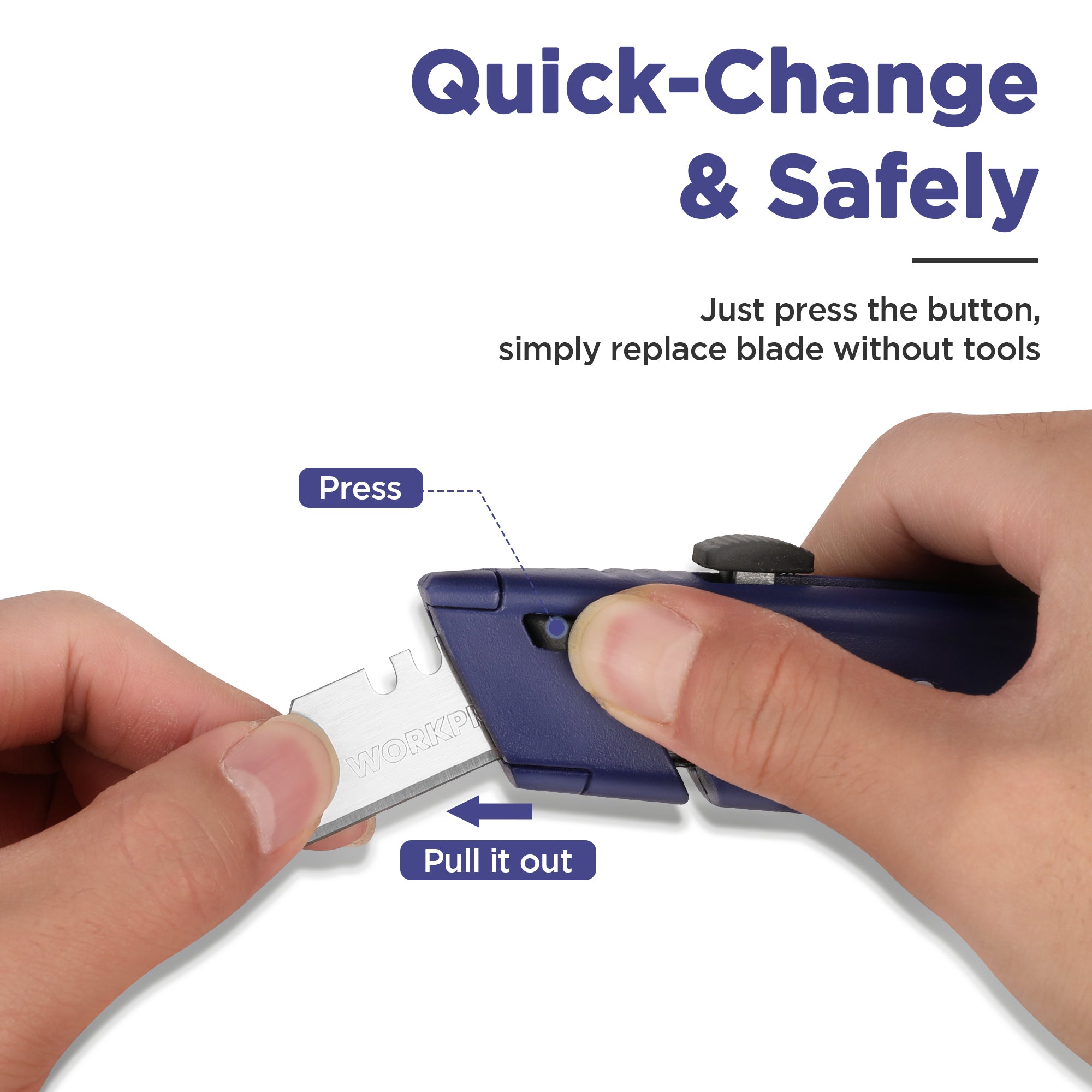 Blue retractable utility knife in use, blade changed with push-button release