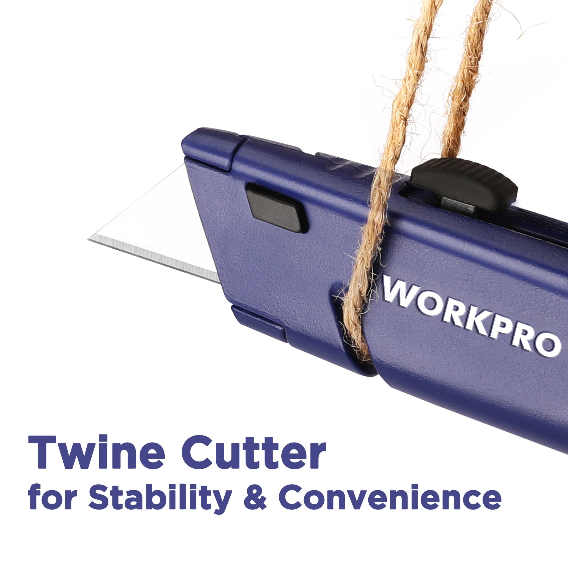 Blue twine cutter utility knife with fixed blade near twine strand for cutting