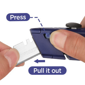 Close-up of blue retractable cutter as blade is pulled out from the housing