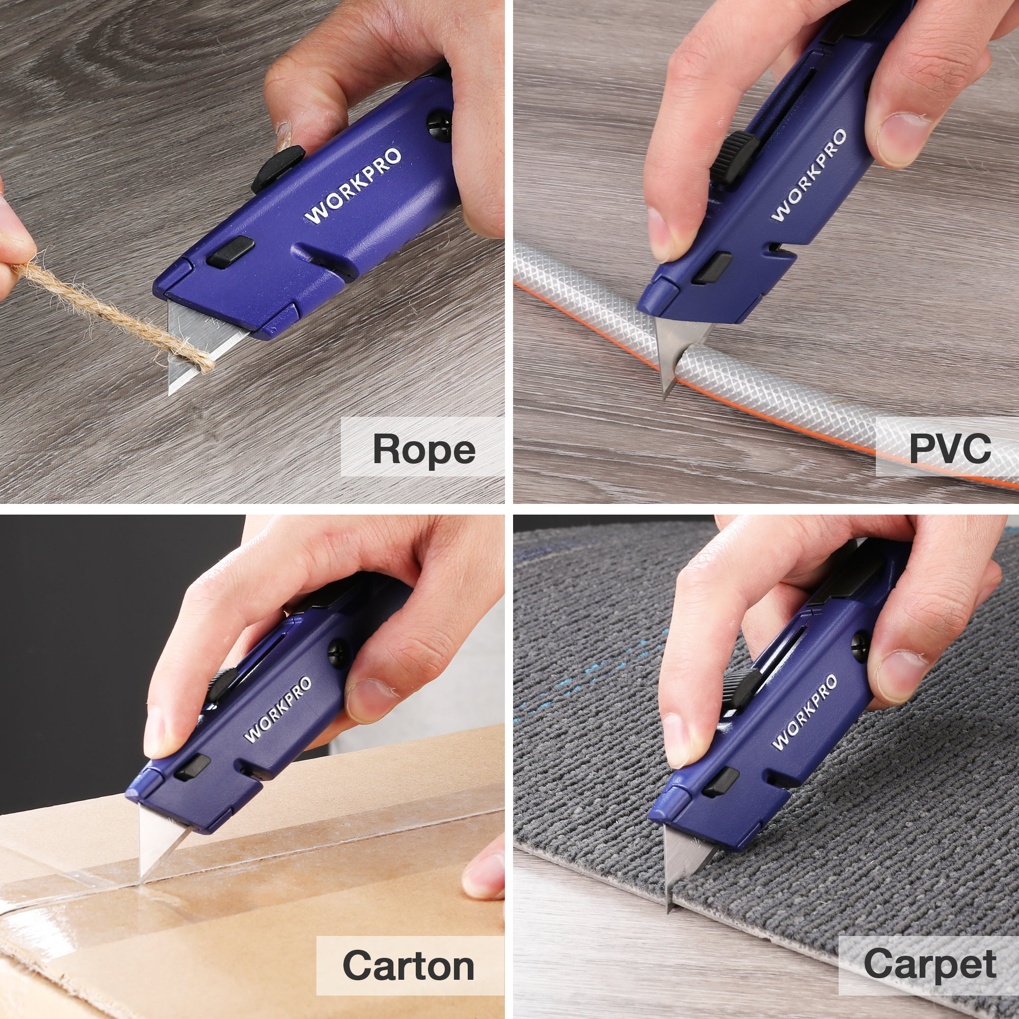 Blue retractable cutter cutting rope, vinyl, cardboard, and carpet in close-up views
