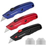 WORKPRO Premium Utility Knife retractable box cutter set in blue, black, and red with quick-release blade change, durable